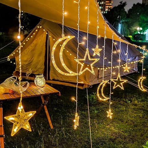 Sxiocta LED Lichtervorhang, Warmweiß Stern Mond LED Fenstervorhang Lichter mit Timer, Dimmbar, 8 Modi IP65 wasserdicht für Garten Terrasse Hof Ramadan Weihnachten Dekoration Cover