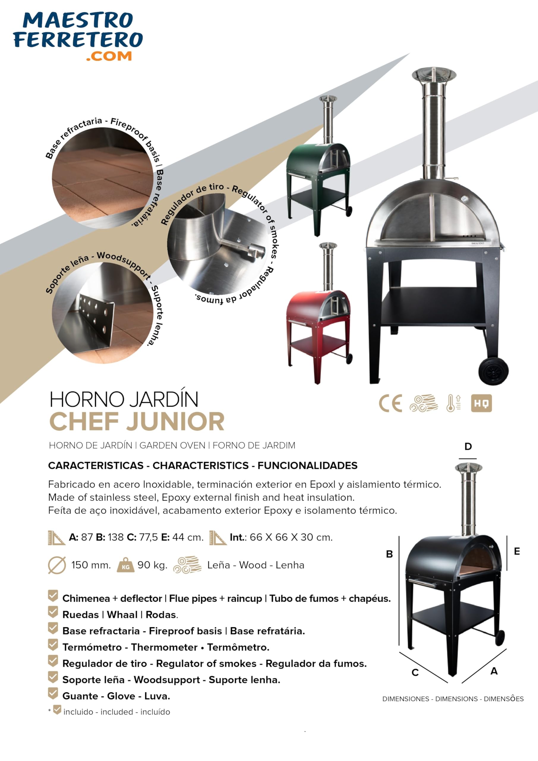MF - Four à bois d'extérieur pour pizzas et pain modèle Chef Junior imitation rouille avec table pour jardin