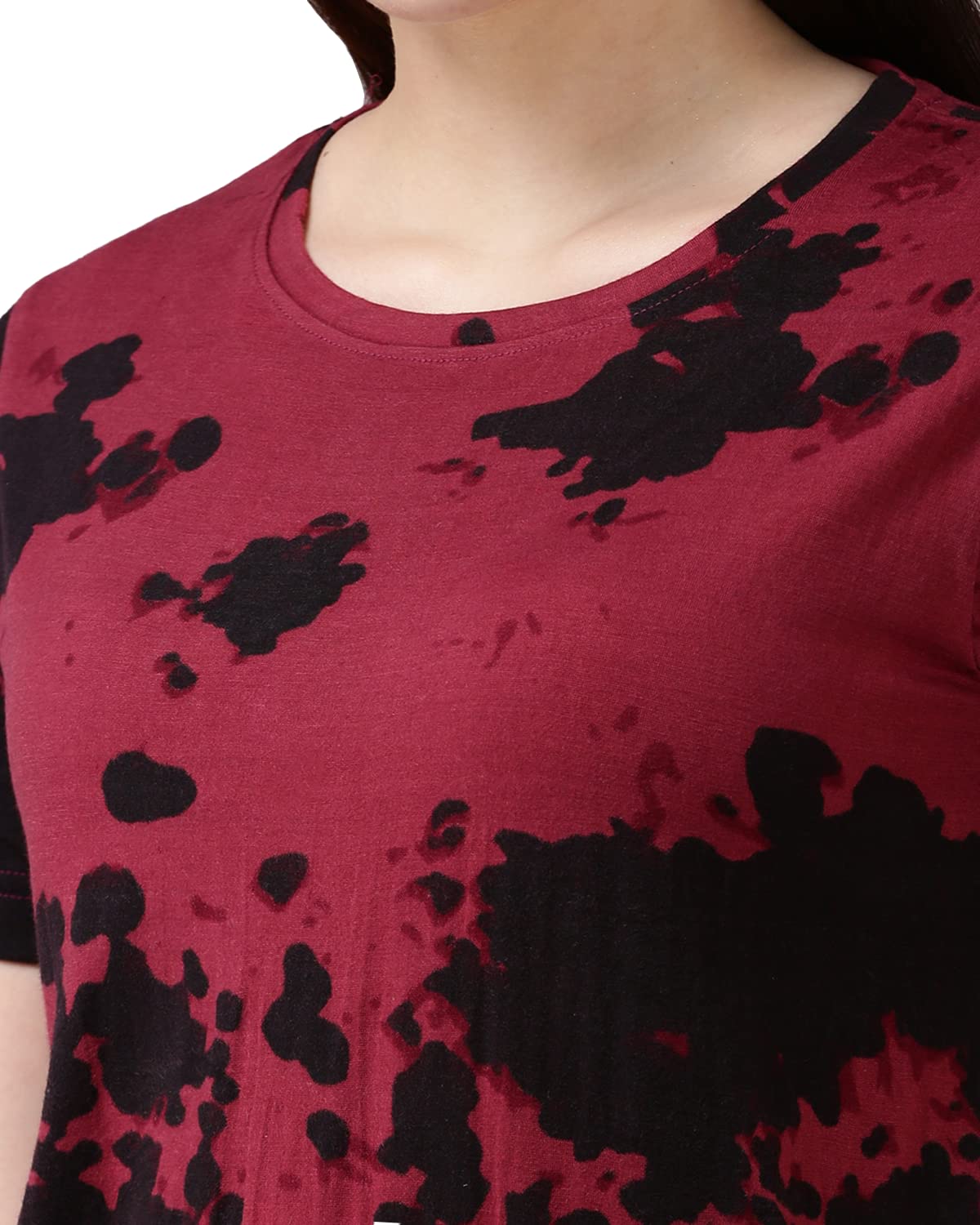 JUNEBERRY® Cotton Blend Regular Fit Half Sleeves Round Neck Tie & Dye T-Shirt for Women (Maroon) 3