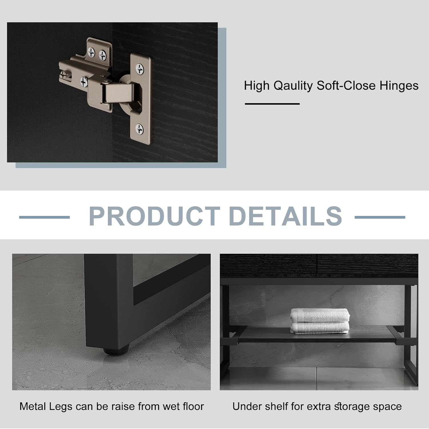 Close-up images showing the soft-close hinges and the metal legs of the vanity.