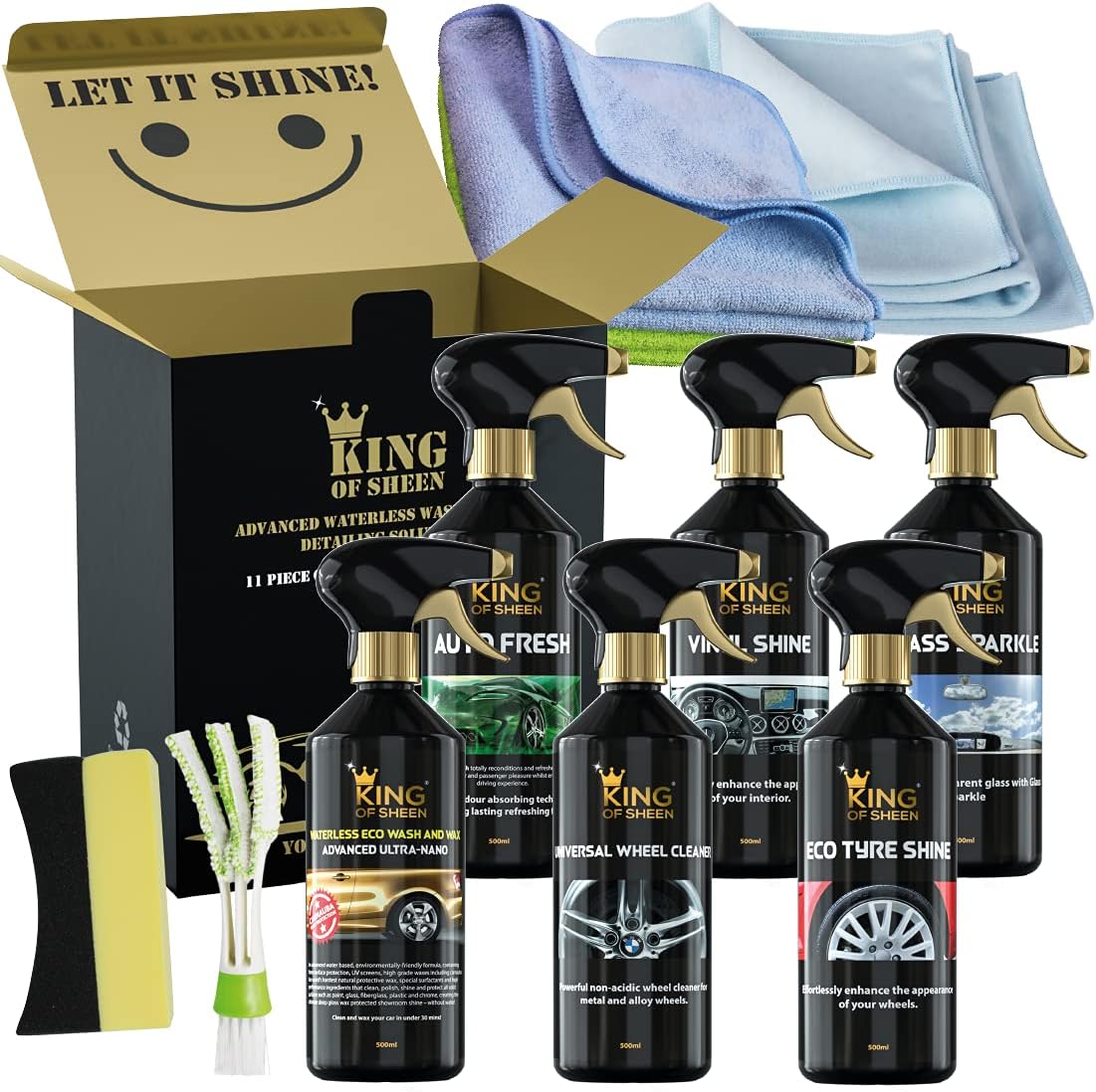 King of Sheen Waterless 11 Piece Car Cleaning Kit, to Clean Your Entire Vehicle to a showroom Standard. Ideal Car Gift Set for the Car Enthusiast