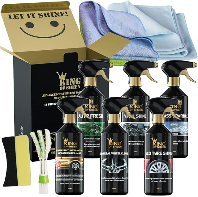 King of Sheen Waterless 11 Piece Car Cleaning Kit, to Clean Your Entire Vehicle to a showroom Standard. Ideal Car Gift Set for the Car Enthusiast.