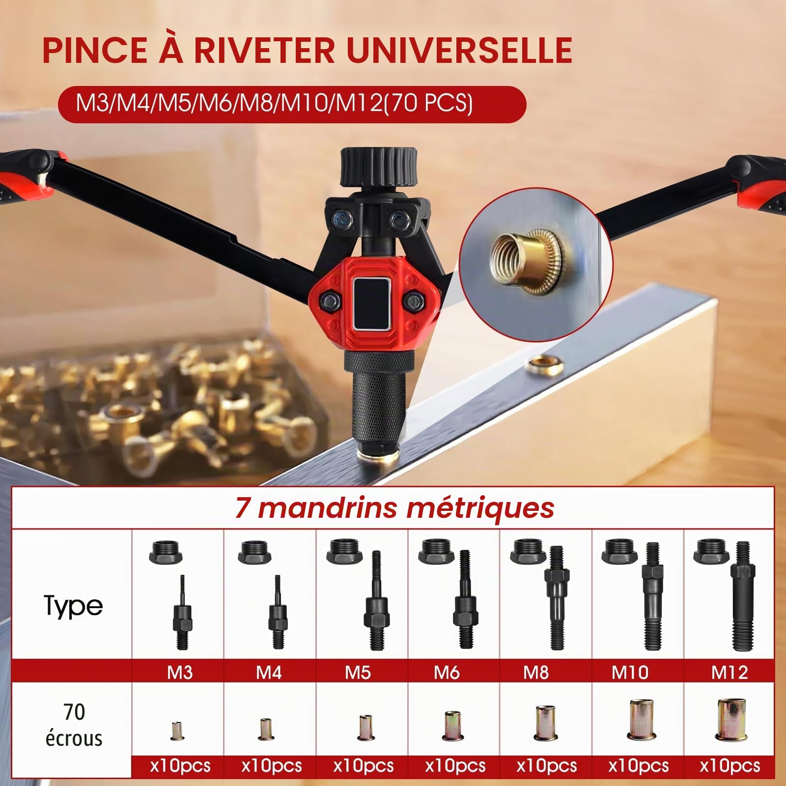 H HOLDPEAK Pince a Insert Fileté, 13" Pince a écrous à rivets, Kit Professionnel Outil à Riveter avec 70 écrous et 7 Mandrins M3-M12 facile à remplacer, Pince a Rivet Fileté avec étui de transport