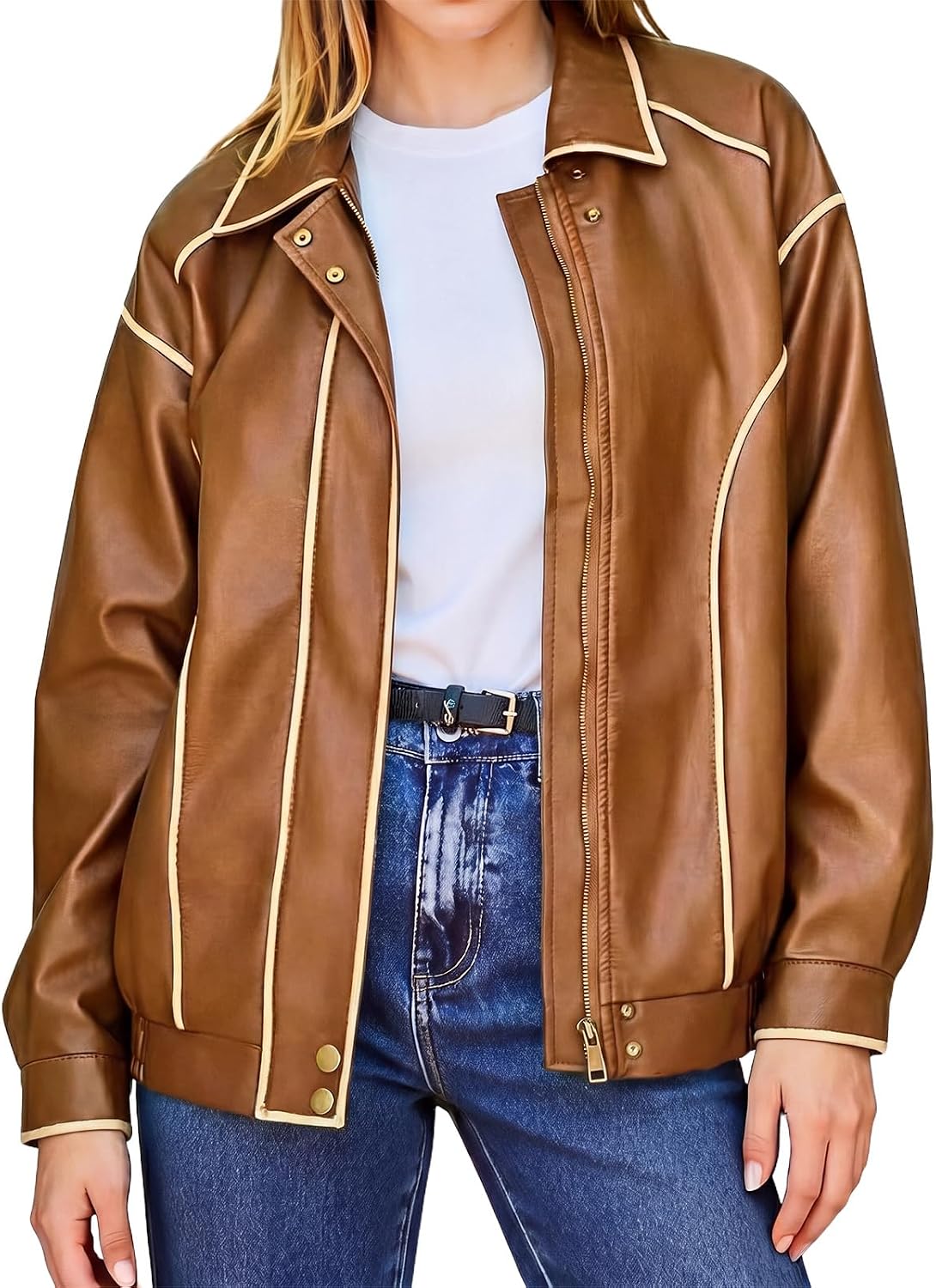 Women’s Faux Leather Moto Jacket, Short Biker Jacket with Zipper Pockets, Soft & Durable Faux Leather, No Bad Smell, True to Size for Daily & Party Wear