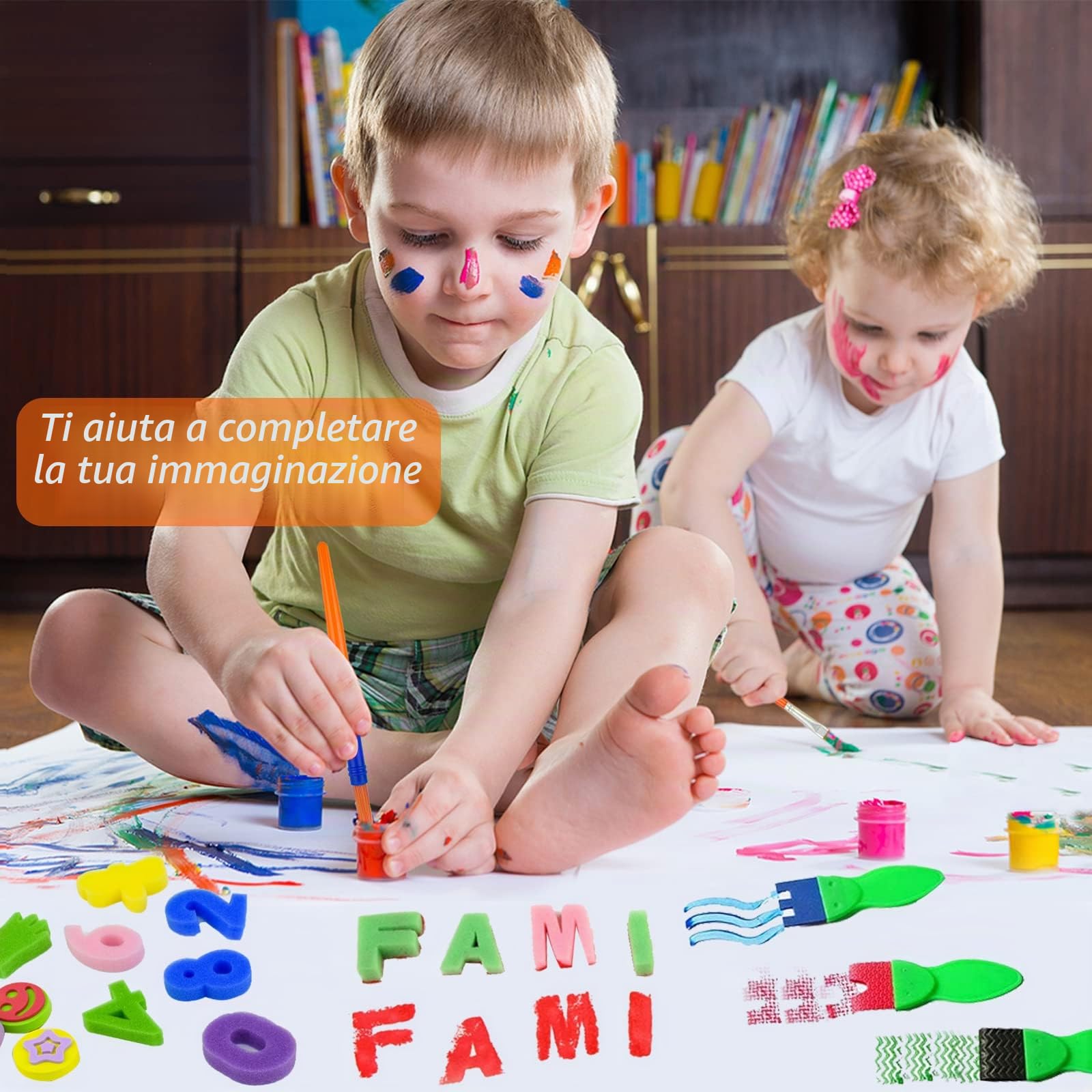 Set di pennelli per pittura a spugna, 65 pezzi, per bambini, per asilo nido, artigianato, arte fai da te, pittura di apprendimento precoce, grembiule e pennelli