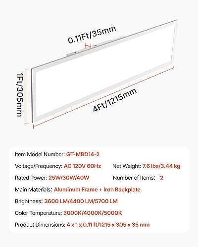 Miniatura 7 de VEVOR Luz LED de panel plano de 1 x 4 pies, 5700 LM, lámpara LED de montaje empotrado con 3 colores seleccionables 3000K4000K5000K, 25W30W40W, 0-10V