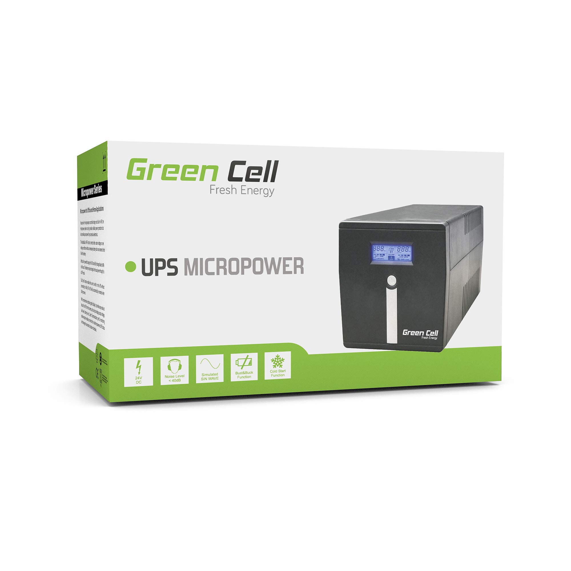 Green Cell® SAI Sistema de alimentación ininterrumpida UPS Potencia 1000VA (600W) 230V Fuente de alimentación Continua Line Interactive senoidal AVR USB/RJ45 2X Schuko 2X IEC Tomas con Pantalla LCD