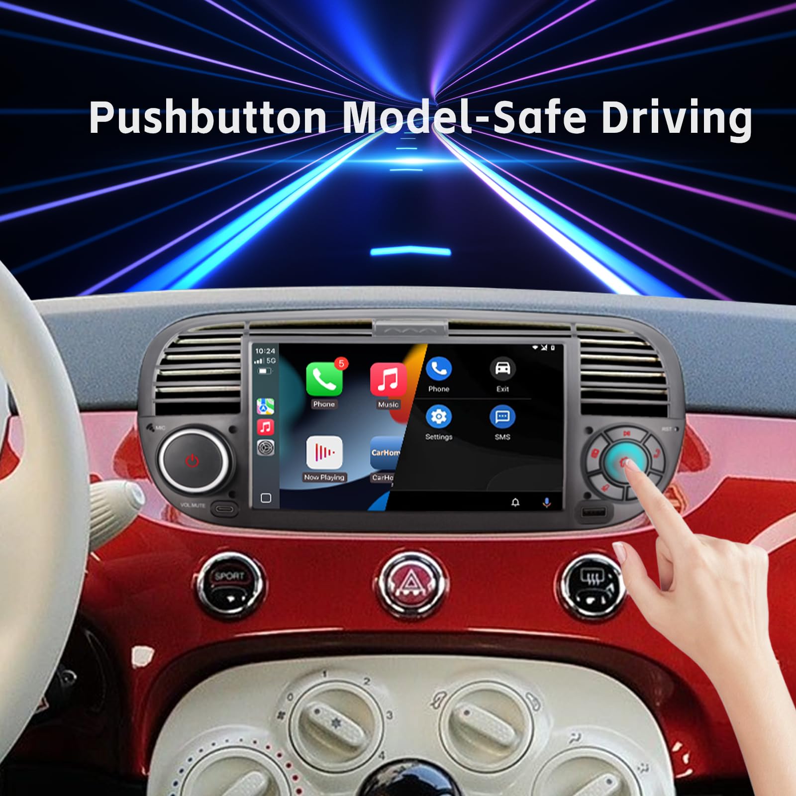 Autoradio per FIAT 500 radio con schermo touchscreen USB Bluetooth FM/AM Linux Sistema doppio din stereo auto con Carplay wireless/Android Auto (Black)