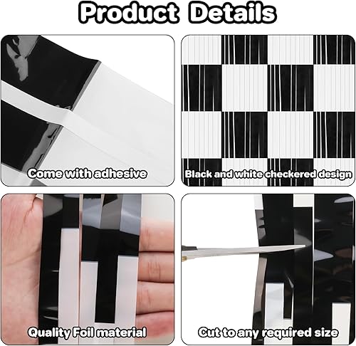 Miniatura 3 de 2 cortinas de flecos de aluminio para autos de carreras de 3.28 x 6.56 pies, decoración de serpentinas de fondo de fiesta en blanco y negro