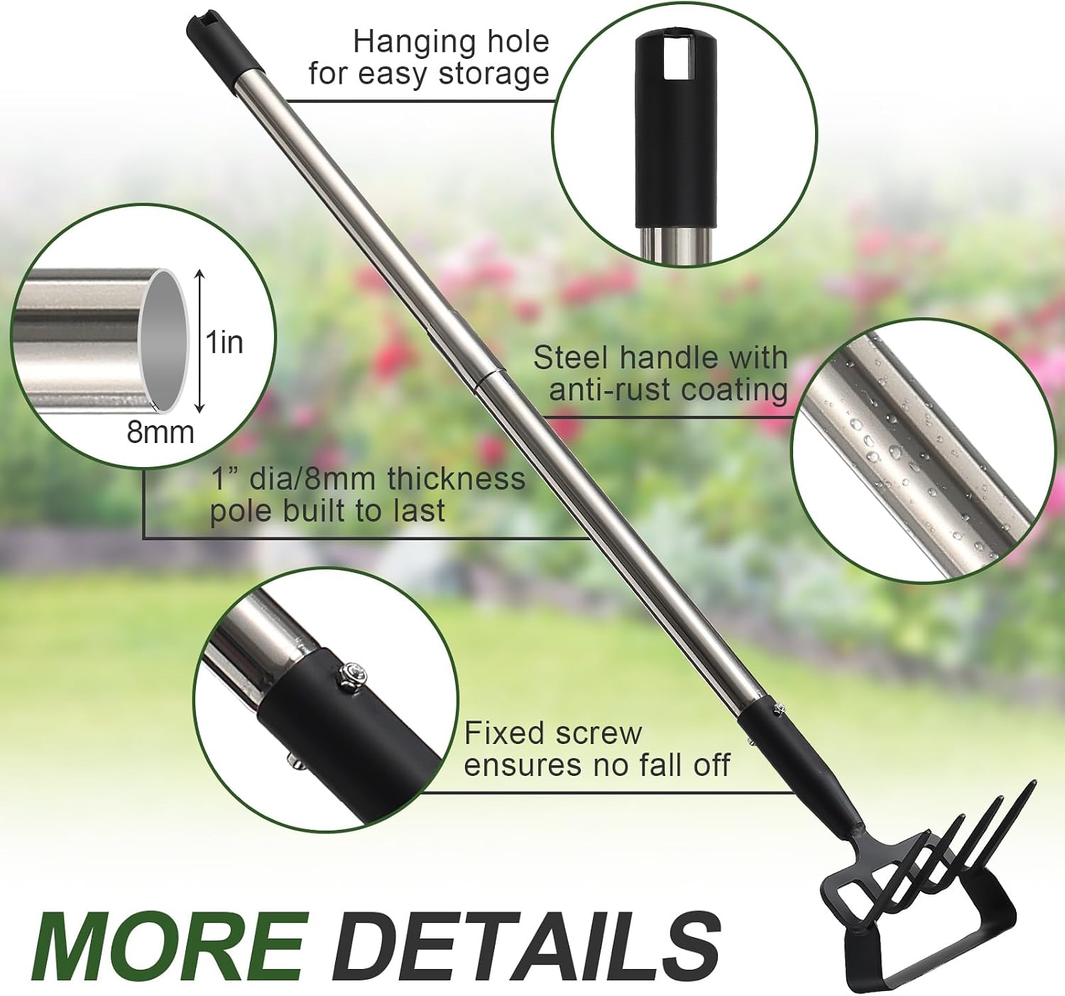 Hoe Garden Tool for Weeding 2-in-1 Heavy Duty Metal Stirrup Hoe 4 Tines Prong Weed Hoe with 25-74 inch Long Adjustable Handle for Women Kids Men