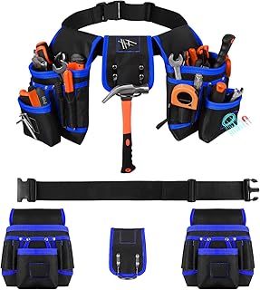Cinto de ferramentas com 26 bolsos e 1 porta-lápis anel, cintura magnética com 3 ímanes fortes, reforço de rebites, para eletricistas, técnicos, preto azul