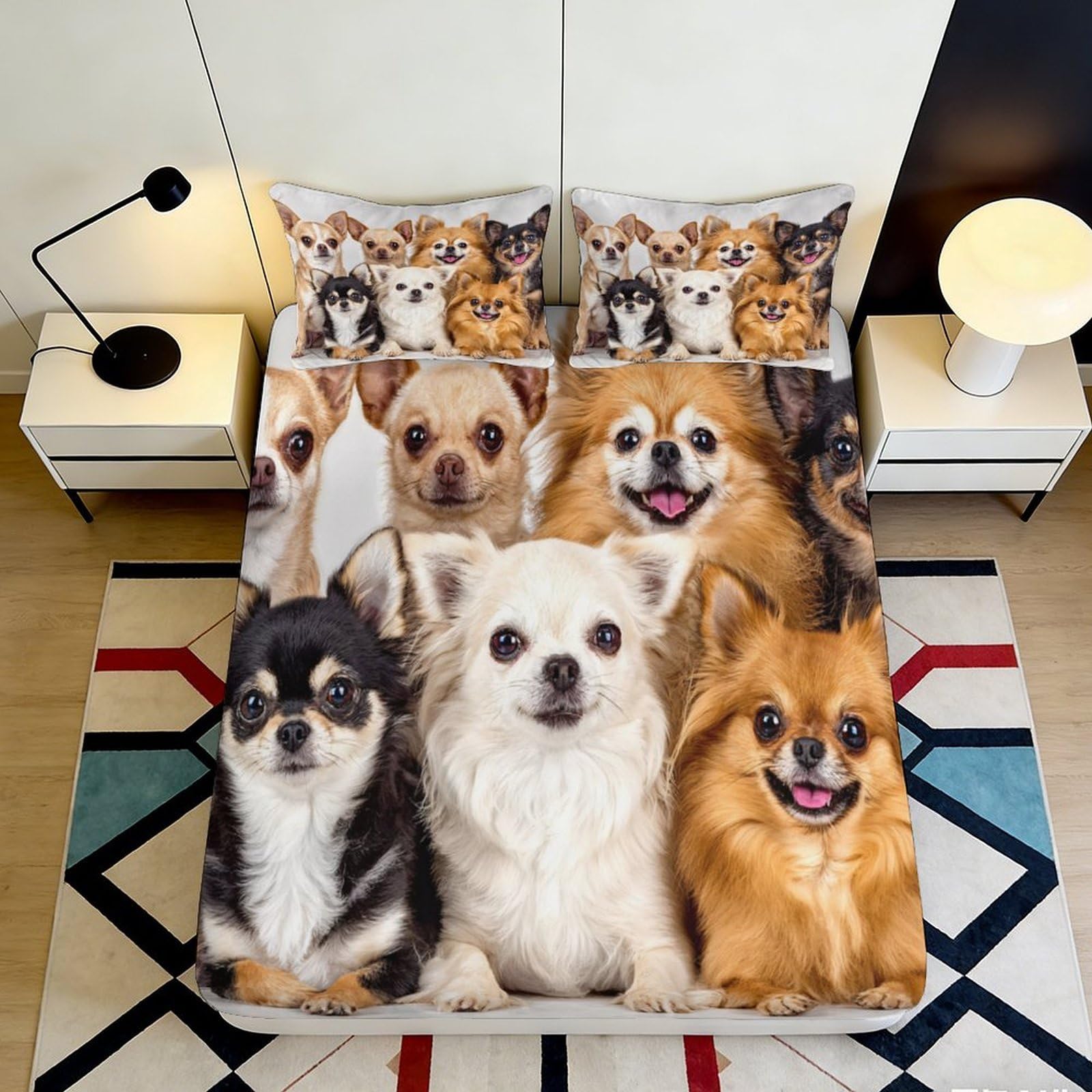 3D Printed Cute Dogs Fitted Sheet Microfiber Soft Breathable Cartoon Puppy Mattress Cover for Bedroom Guest Room Decor 200x200x25cm