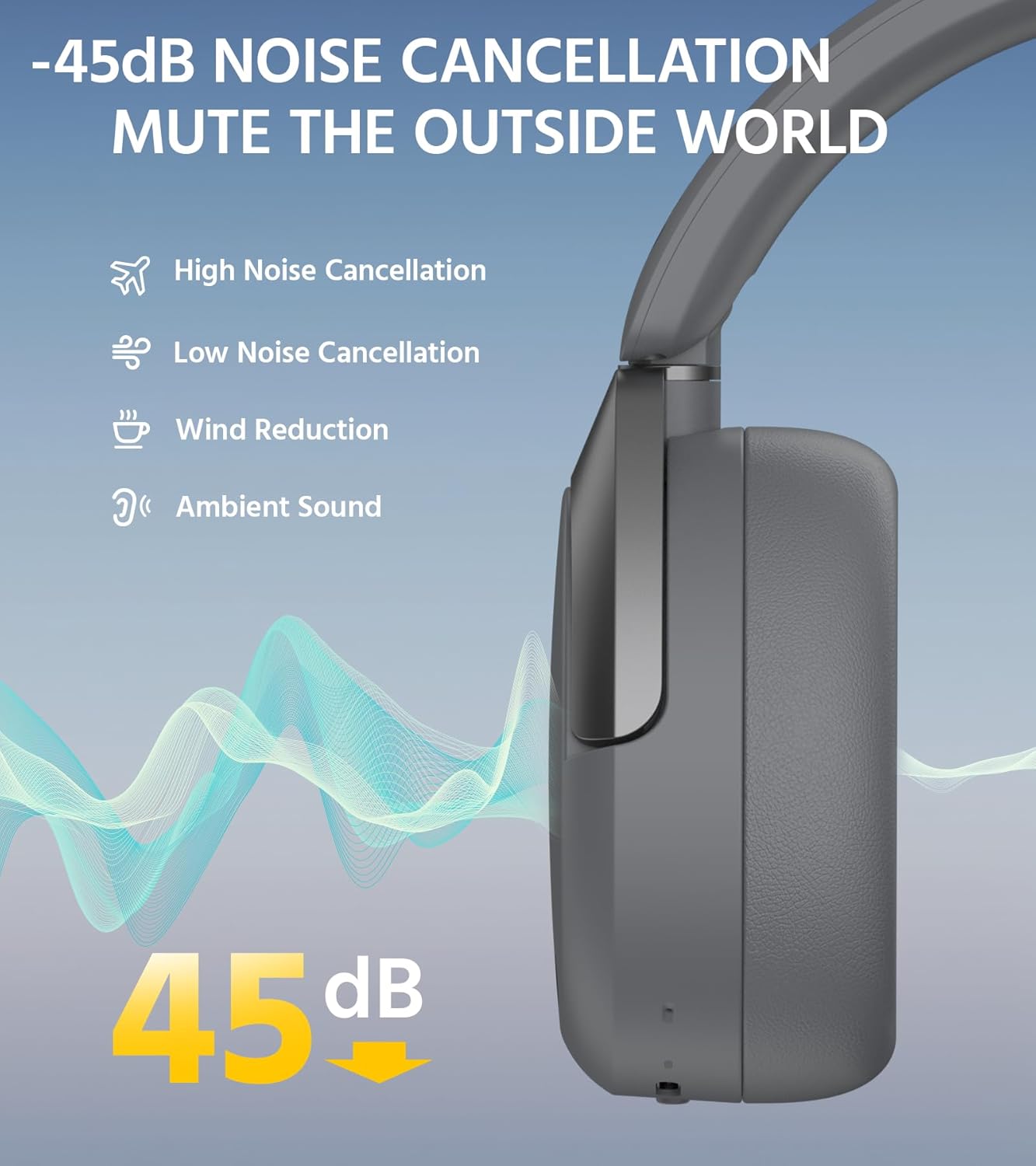Edifier W830NB Wireless Over Ear Headphones with -45dB Active Noise Cancelling, 94H Playtime, LDAC Hi-Res Sound, Spatial Audio, Fast Charging, Multipoint Connection, Bluetooth V5.4 - Gray - Image 3