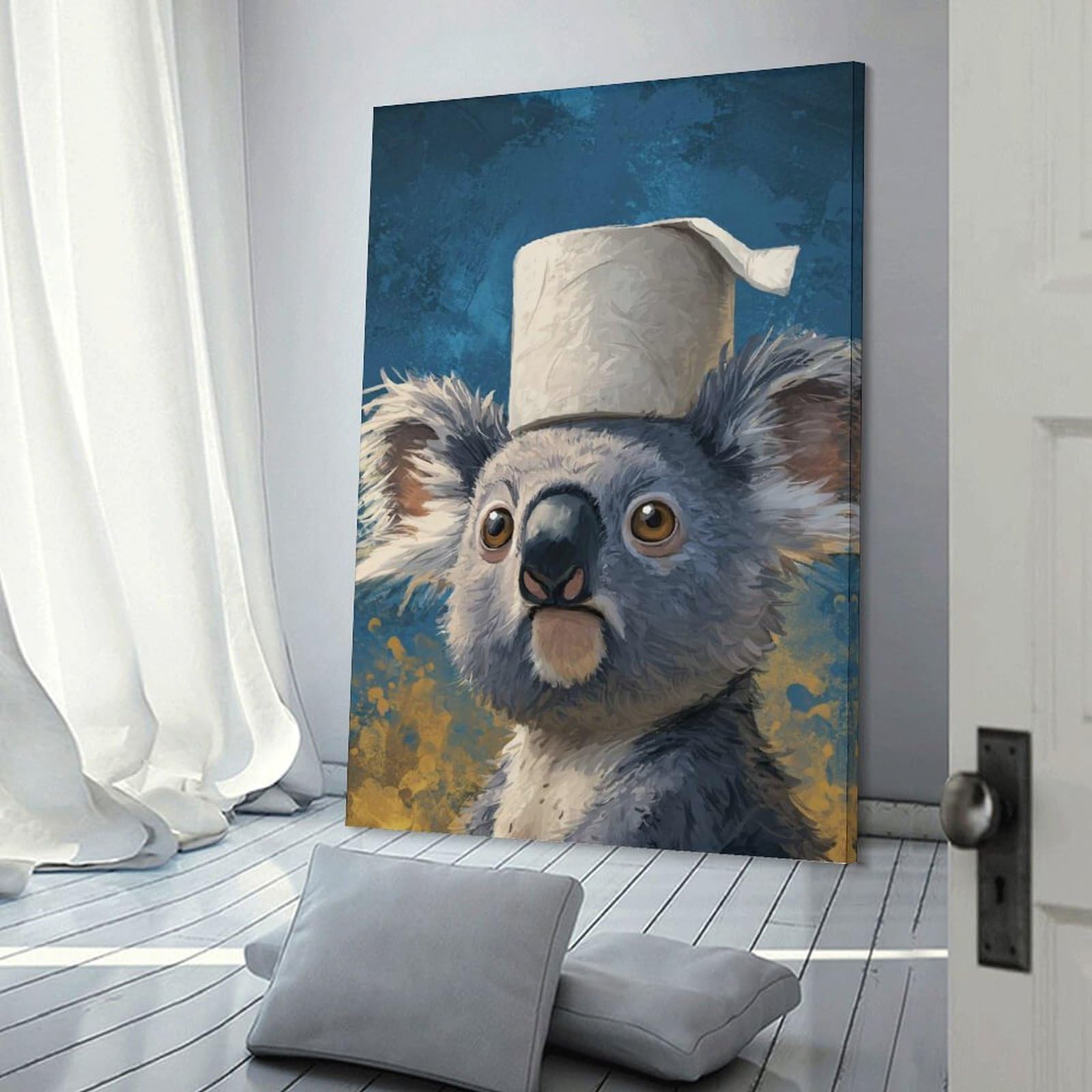Junmoney Frame-Style-3 Koala With Toilet Paper Hat Poster, Picture, Metal Print, Paint By Creed Canvas Wall Decor, 12X18inch(30X45cm), For Wall Displays, Bedrooms Or Room Updates, Wall Decor Suited To Curated Displays