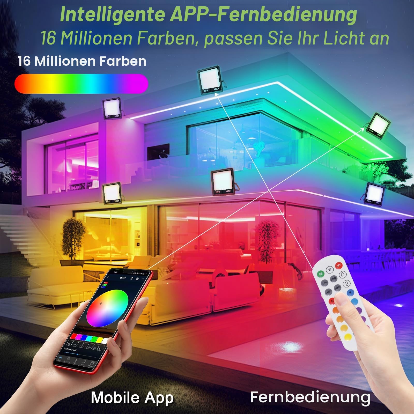 100W RGB LED Strahler, LED Fluter Außen, Mit Bluetooth APP Und 2.4G Fernbedienung, IP66 Wasserdicht Farbwechsel Dimmbar, 16 million Farben Flutlicht für Gärten, Innenhöfe,Party (2 PC)