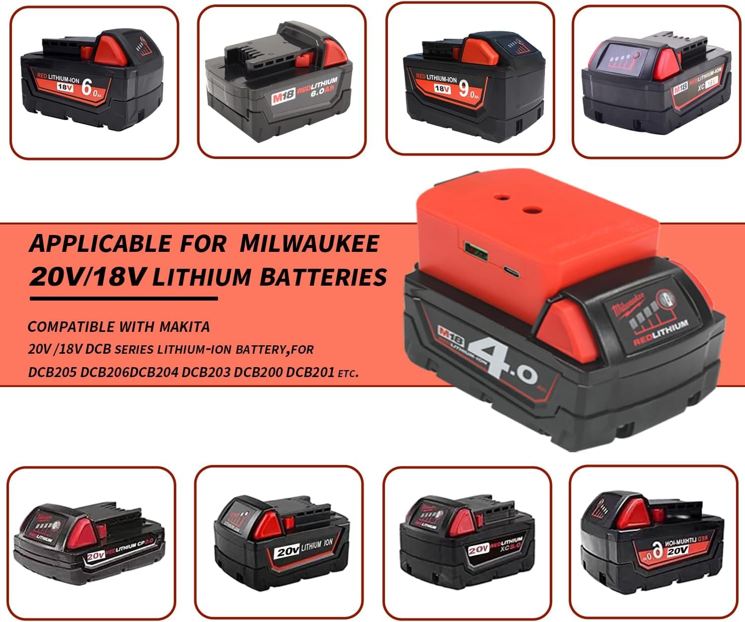 Lot de 2 adaptateurs de charge rapide USB pour batterie Milwaukee 20 V/18 V, pour batterie M18 avec interface de charge rapide USB de type C, 5 V/3 A, 9 V/2,22 A PPS 3,3 V-11 V/2 A, 12 V/1,5 A