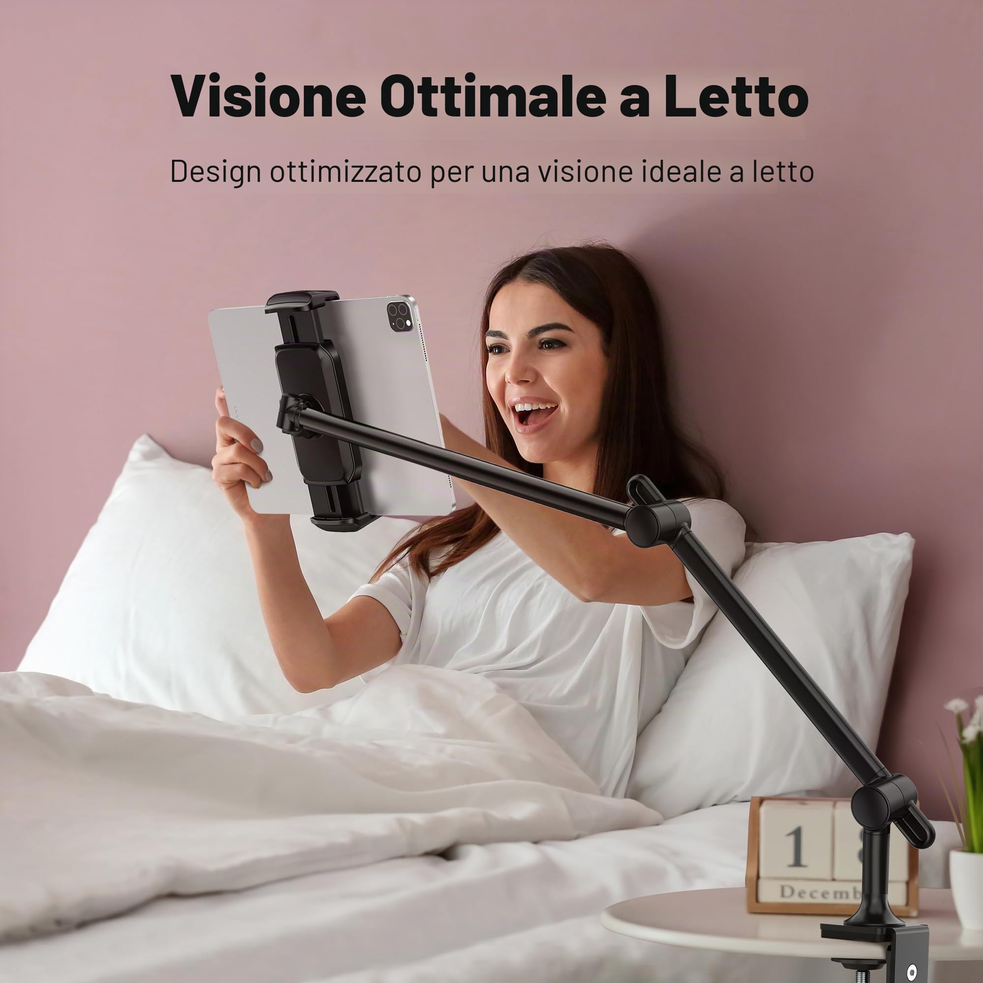 AboveTEK Premium Supporto per Tablet, Supporto per iPad in Alluminio, con Braccio Regolabile e Morsetto, da Scrivania e Letto, con Rotazione a 360°, Compatibile con Dispositivo da 4,7"-13,5" - Nero