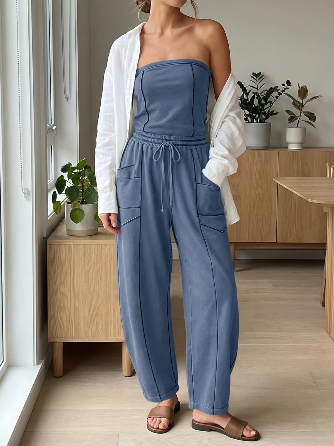 Cicy Bell Womens Summer Strapless Jumpsuits Casual Off the Shoulder Loose Romper Drawstring Barrel Outfits Jumpers - Image 4