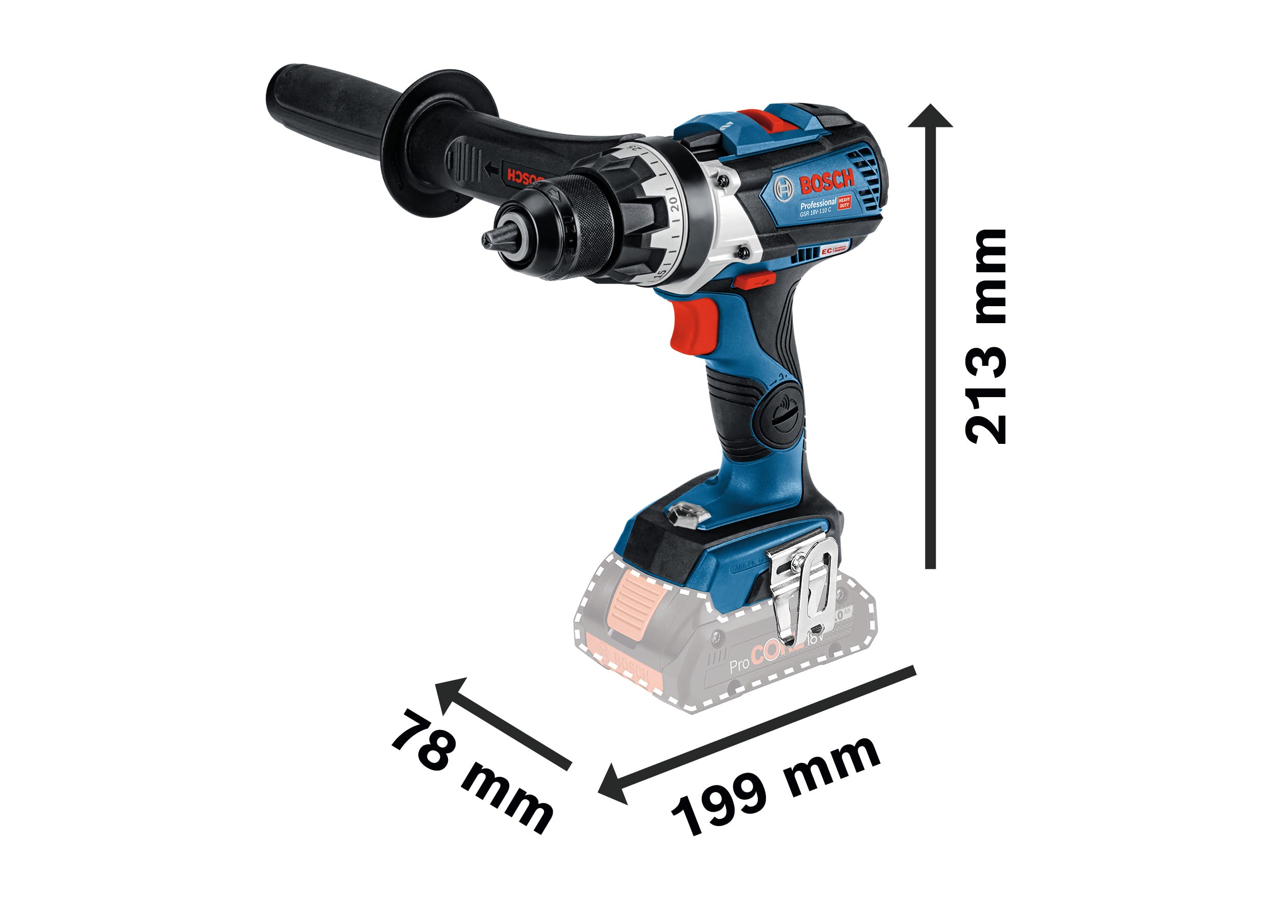 Bosch Professional system 18V: akumulatorowa wiertarko-wkrętarka GSR 18V-110 C (maksymalny moment obrotowy 110 Nm, walizka L-BOXX)