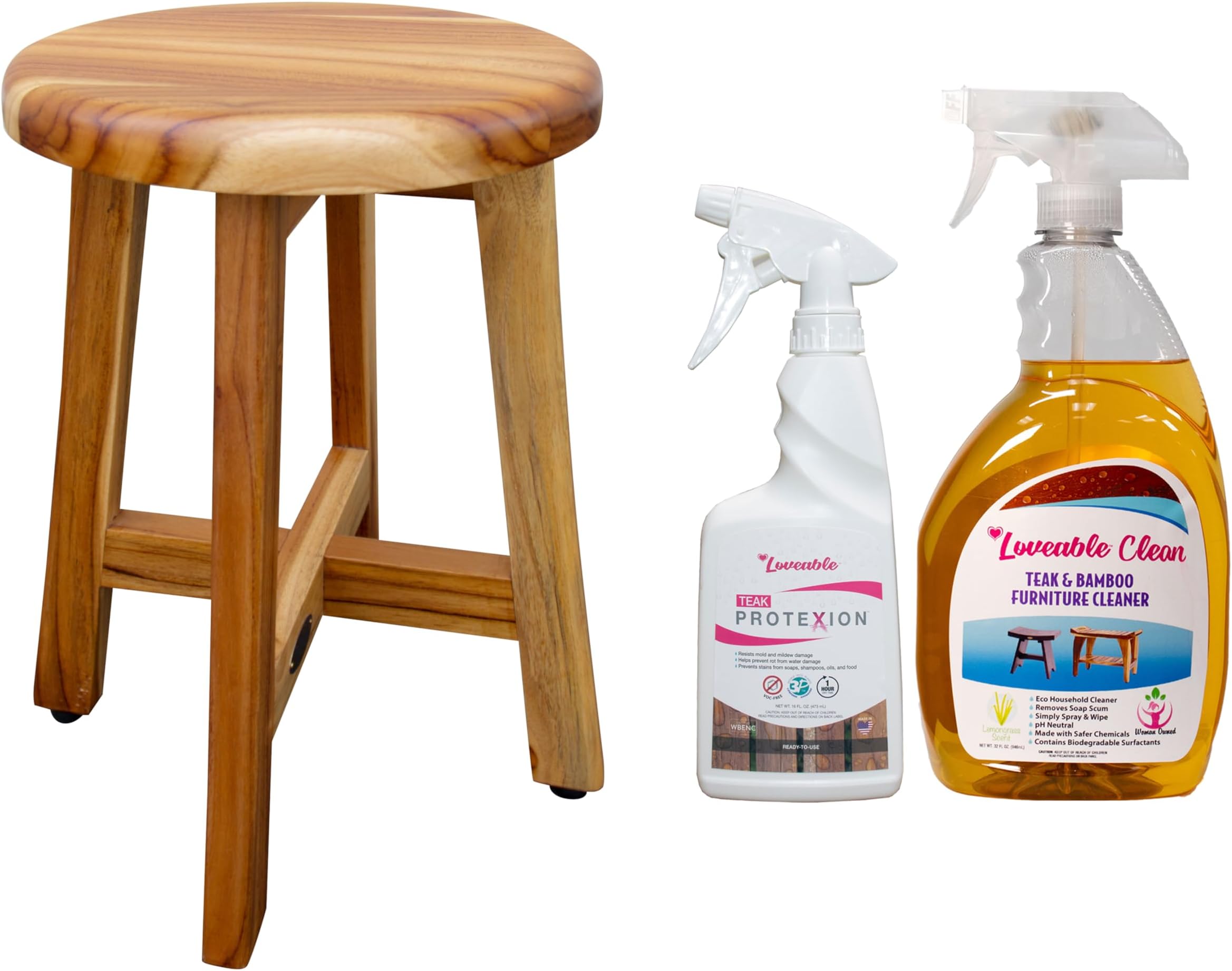 EcoDecors Shoji Teak Stool with Loveable Furniture Cleaner and Protexion Teak Sealer