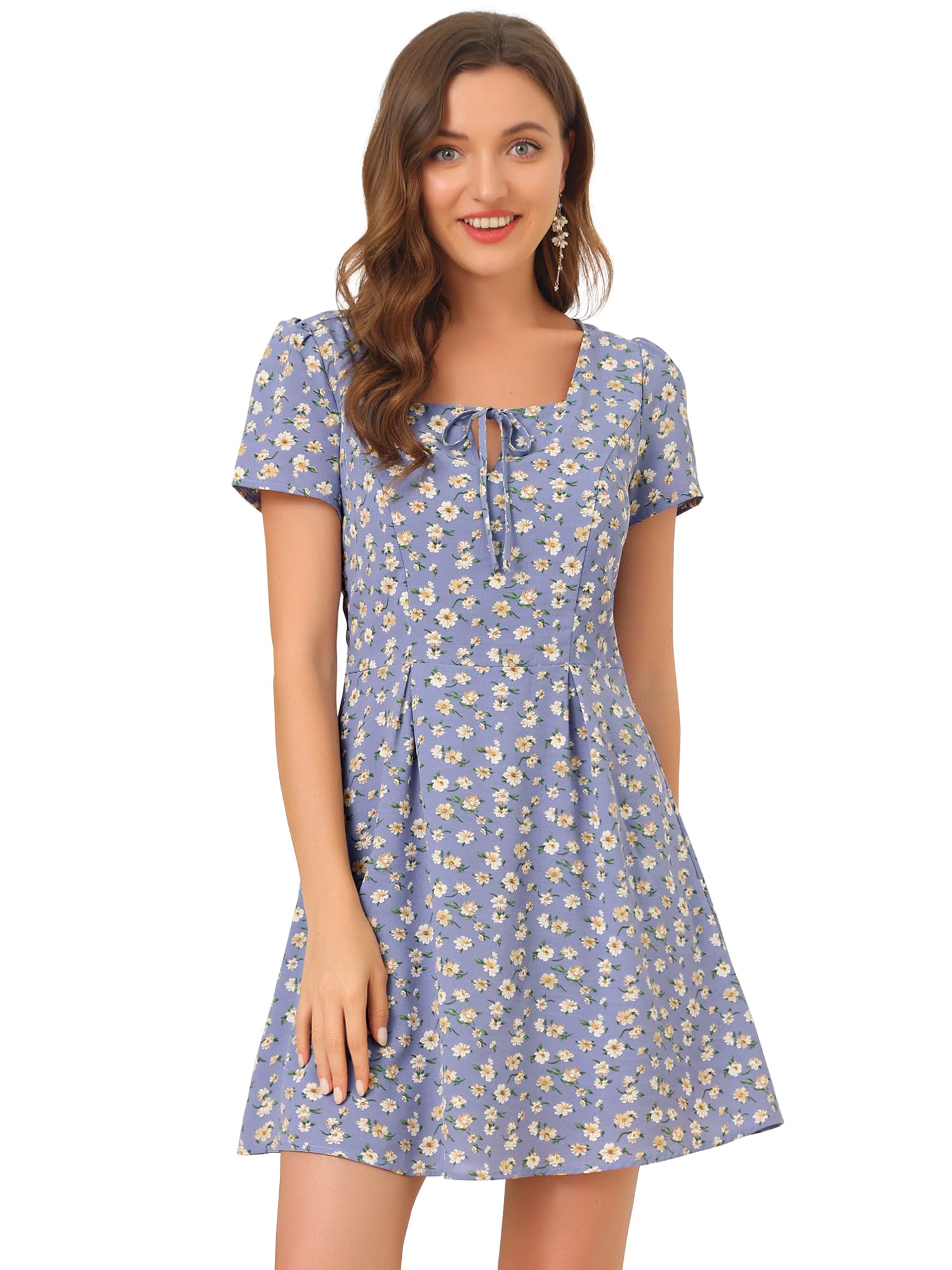Allegra K Women's Printed Casual Square Neck Short Sleeve Fit and Flare Dress