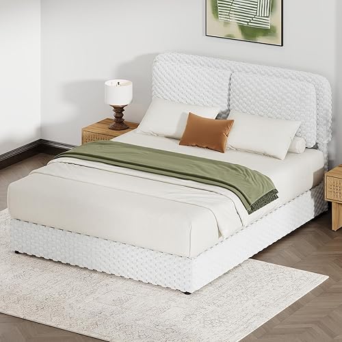 Miniatura 14 de Base de cama Queen con cabecero, plataforma tapizada de pana tamaño Queen con cabecero, no necesita somier, fácil montaje, color crema