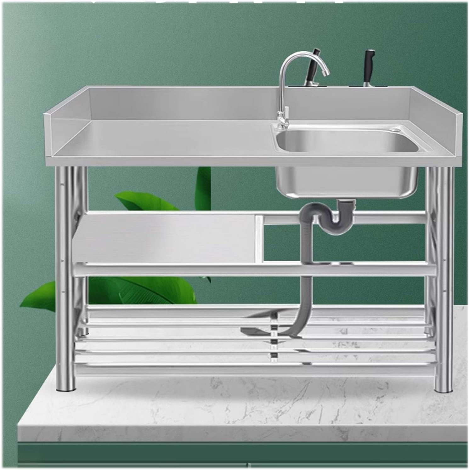 Commercial Steel Utility Sink with Hot and Cold Faucet Standing Single Bowl for Garage Laundry Room Outdoor Restaurant Indoor Workstation 110 * 50 * 80 cm Left Bowl Color: B (A 100*50*80 cm Left Bowl