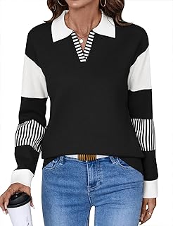 V Neck Long Sleeve Loose Sweaters Color Block Striped Knitted Pullover Jumper Tops