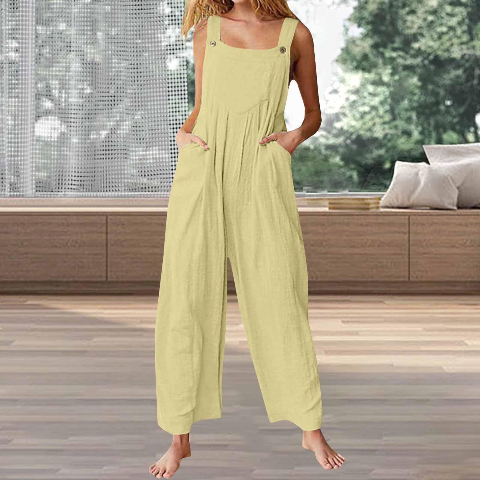 Salopette d'été légère pour femme - Combinaison d'été ample en lin - Pantalon sportif - Salopette de travail sans manches avec poches - Une pièce - Couleur unie - Confortable - Pantalon en
