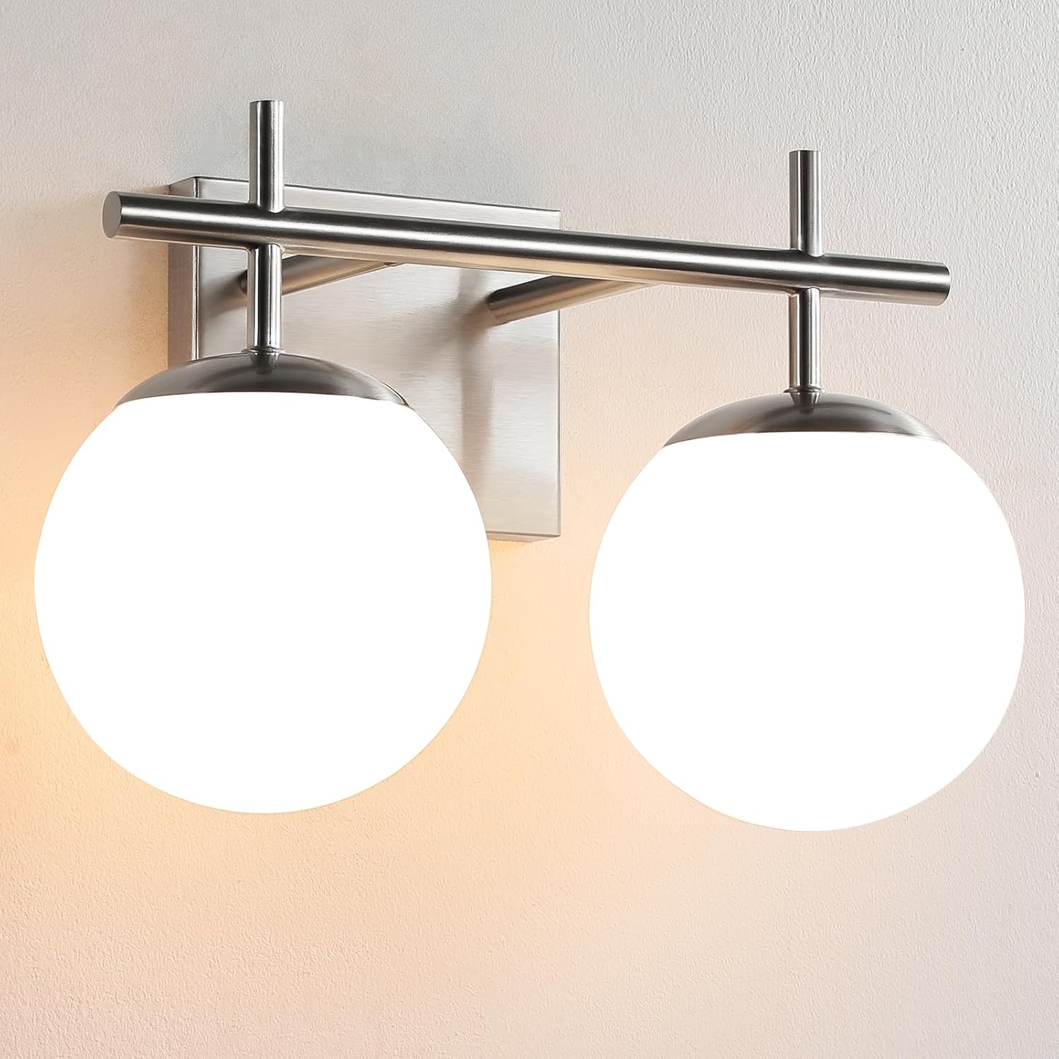Brushed Nickel Vanity Light, 2-Lights Modern Bathroom Vanity Lighting with Milky White Frosted Glass Shade, Mid Century Wall Sconce Brushed Nickel 2-Light