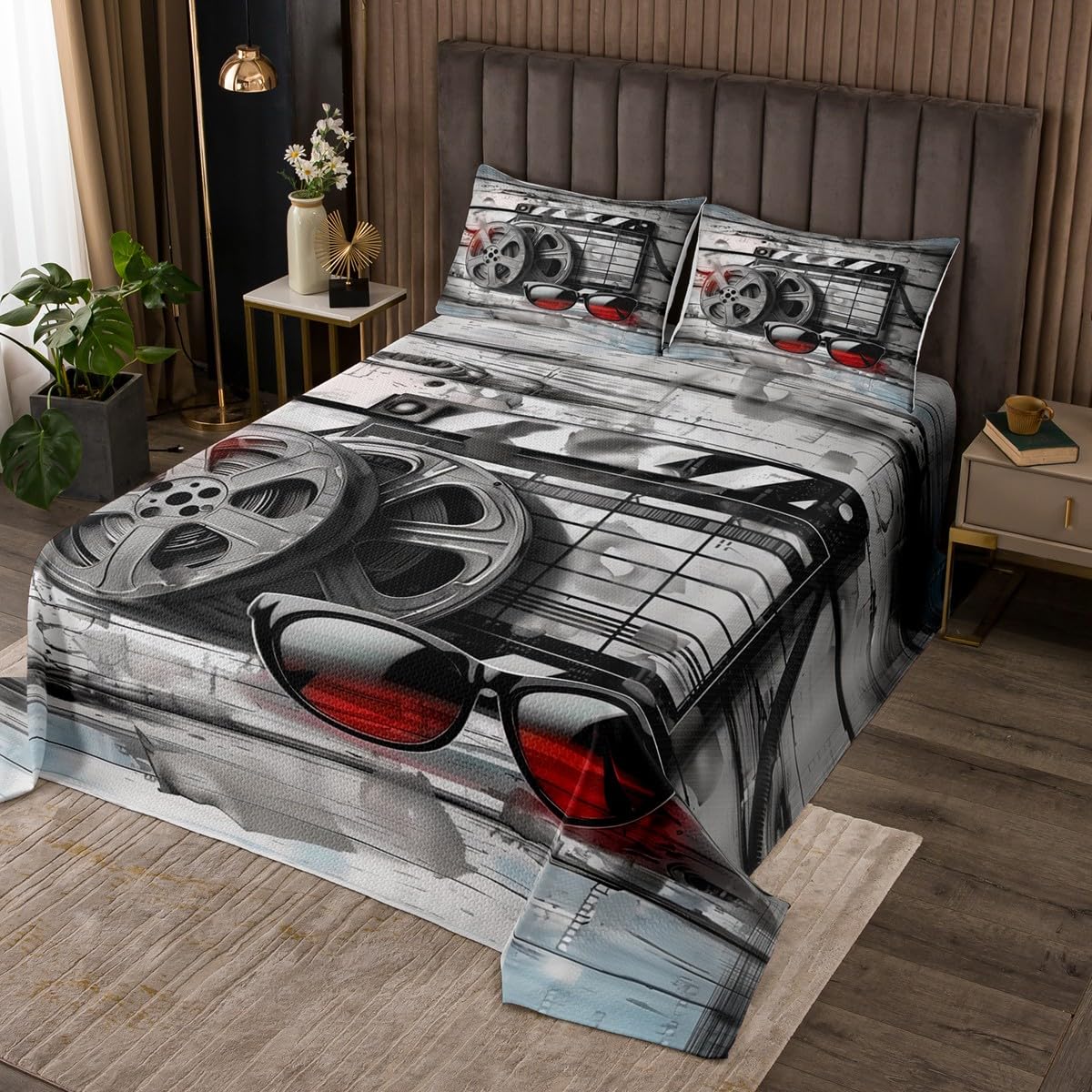 Homewish Movie Themed Bedspread Twin Size,Modern 3D Cinema Bedding Set 2Pcs for Kids Girls Boys Teens Room Decor,Photographic Film Comforter Set Black Grey Rustic Coverlet Quilt,1 Pillowcase
