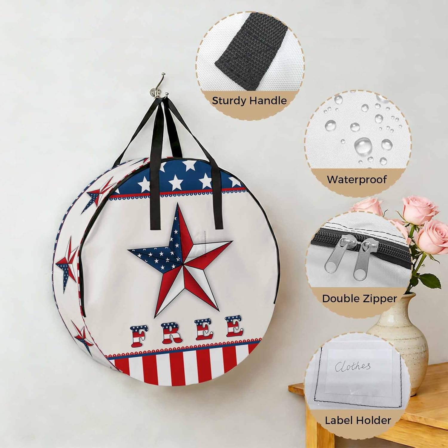 American Flag Pentagram Round Storage Bag 36 Inch, Free Independence Day Red Blue Strip Clothes Storage Container with Handles Heavy Duty Organizer for Comforter, Bedding & Holiday Wreaths