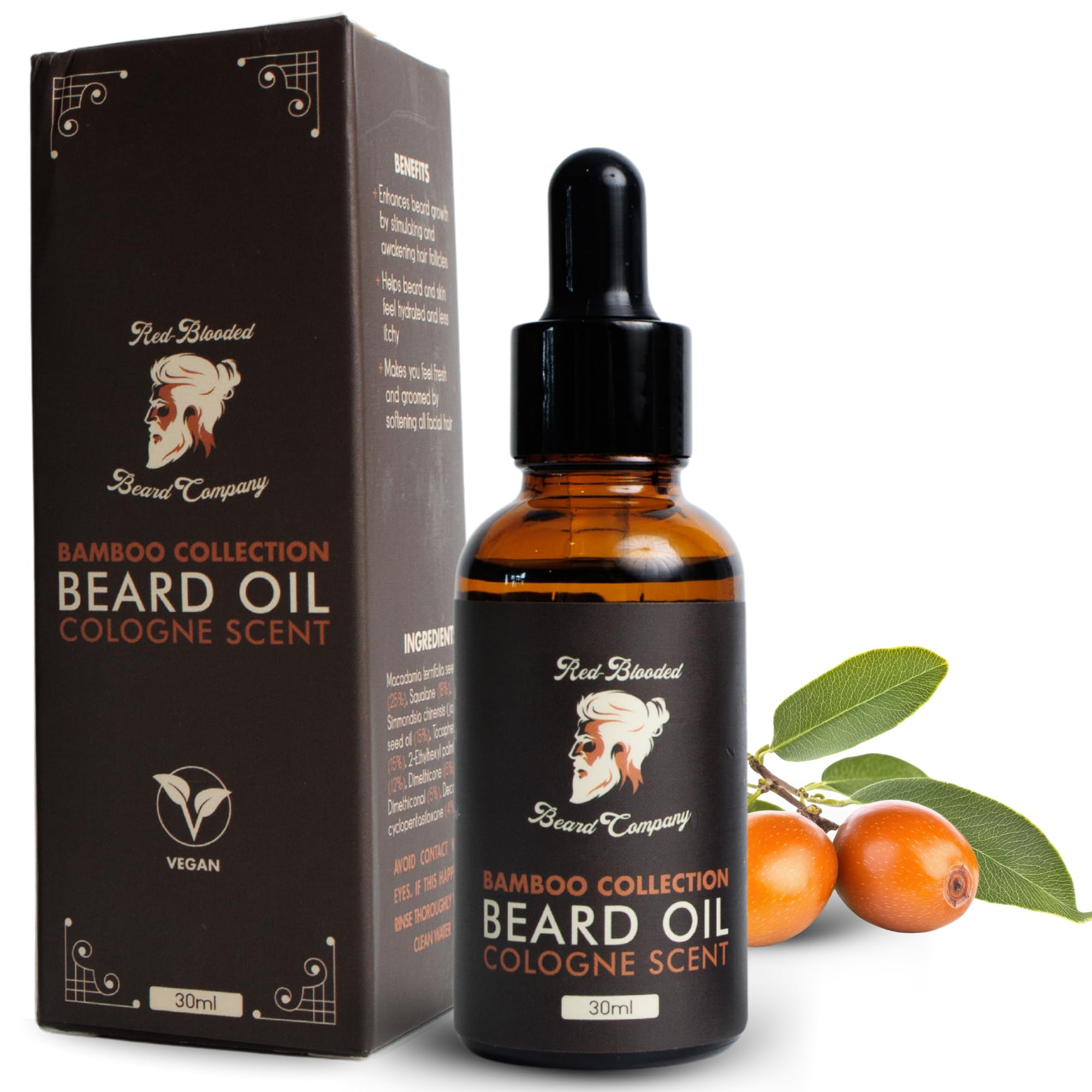 Red-Blooded Beard Oil For Men Cologne Scent - All Natural & Vegan With Organic Macadamia & Jojoba Oils (30ml) - Softens & Strengthens Beards And Mustaches