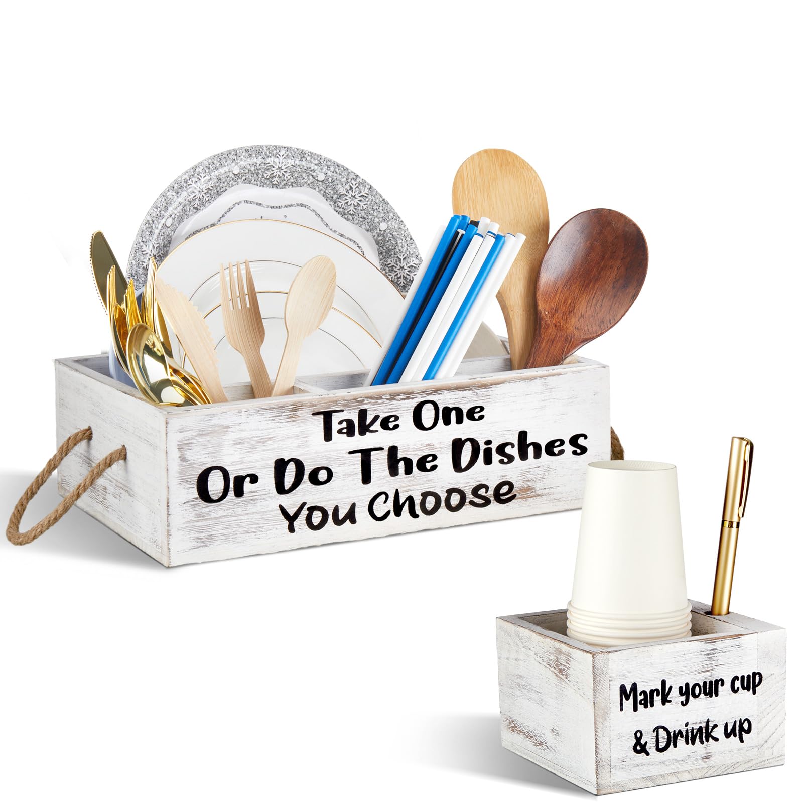 Suzile Cutlery Kitchen Utensil Holder Kit, 1 Kitchen Countertop Plate Holder and 1 Large Cup Organizer, Wooden Utensil Caddy Organizer for Plate Cup