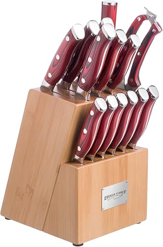 Ergo Chef Crimson Series - Juego de cuchillos de bloque de bambú forjados de alto carbono X50CrMoV15, acero inoxidable alemán, espiga completa, asas