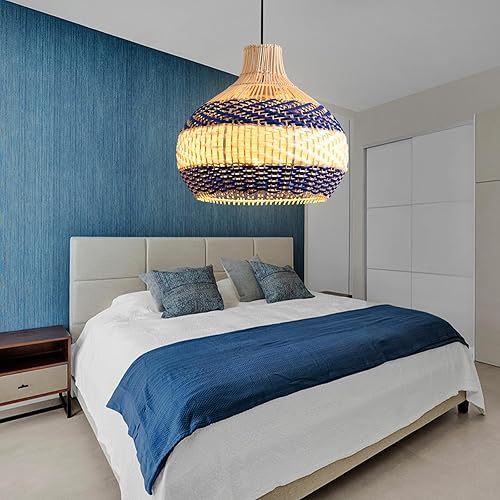 Miniatura 9 de Lámpara colgante de ratán de 3 luces de 15 pulgadas, tejida a mano, color azul y blanco, 1 lámpara colgante de ratán sintético bohemio, para sala de