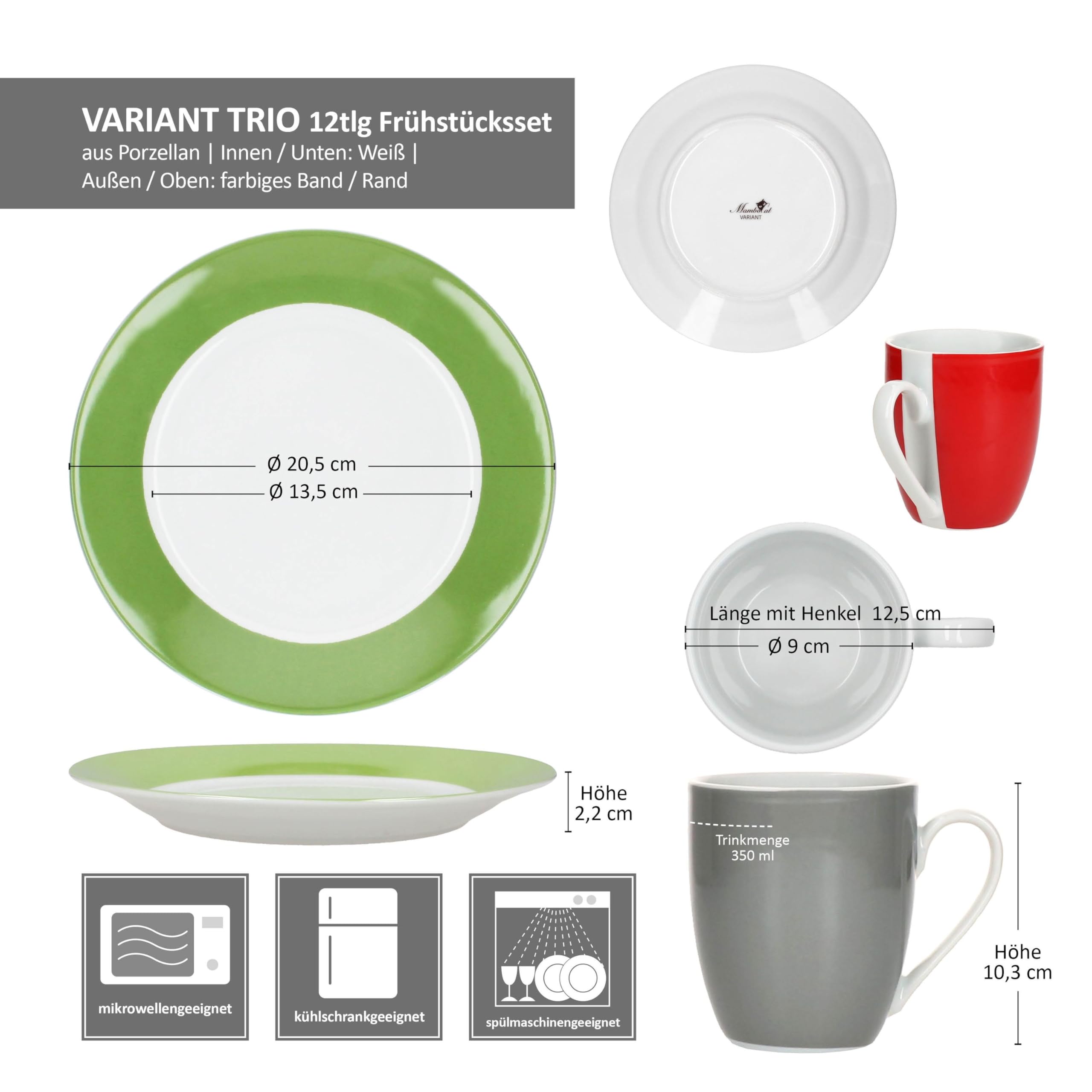 MamboCat Variant Trio 12tlg Frühstücksset I Je 6x kleine Teller & Kaffeebecher 350ml, Höhe 10,3cm für 6 Personen I Tasse, Kuchenteller I Porzellan-Geschirr für Frühstücks- & Kaffeezeit