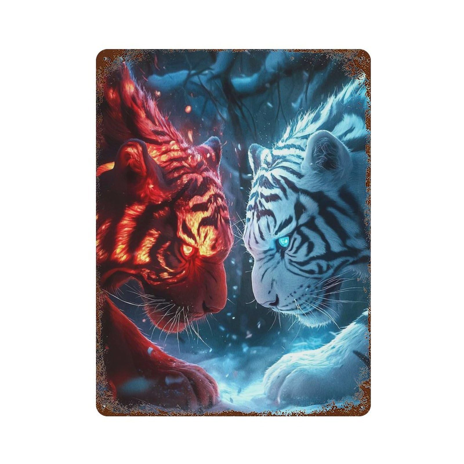 Fire And Ice Tigers Confrontation 15.7"x11.8" Retro Metal Sign, Vintage Wall Decor for Office, Studio And Wall Decor