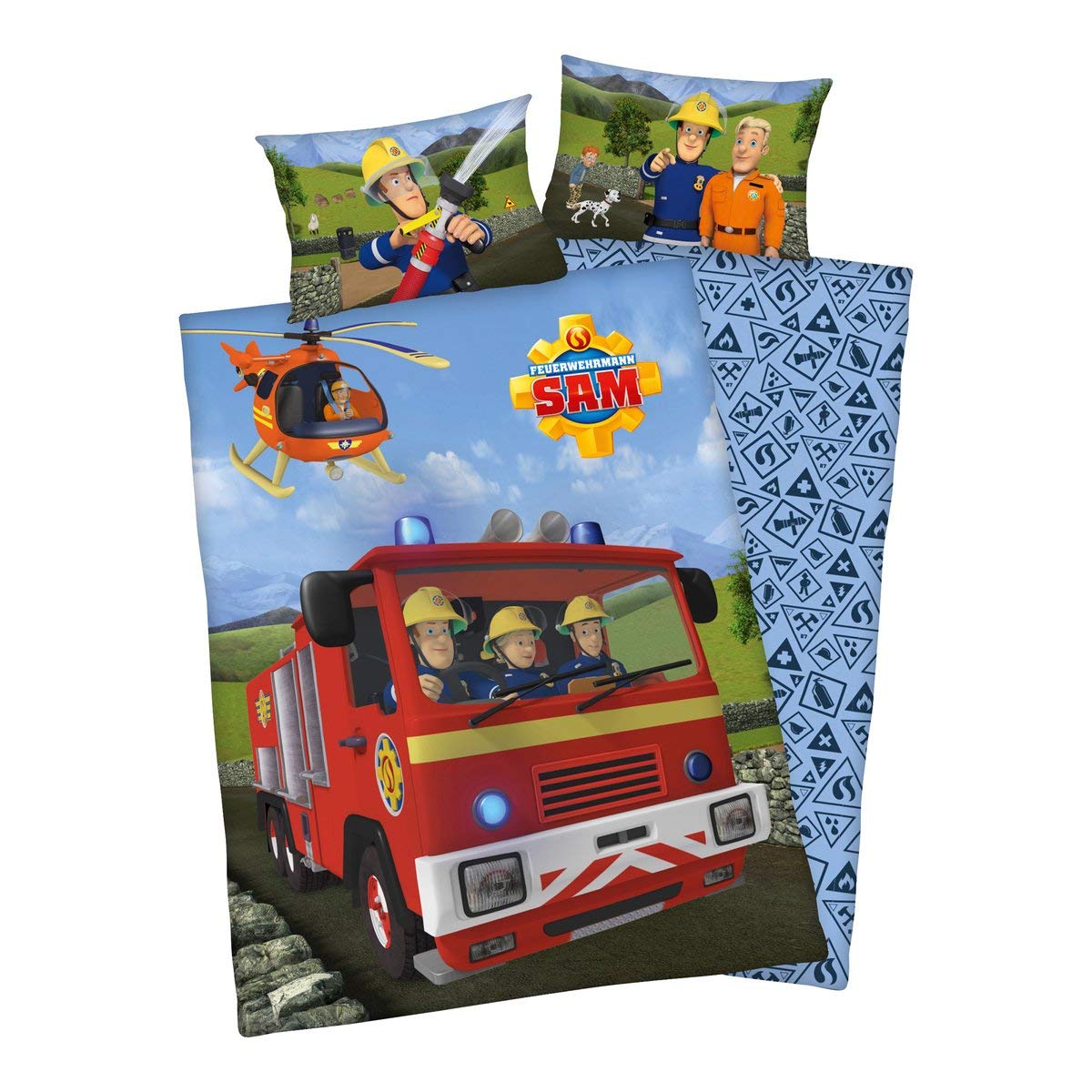 Lenzuola Per Bambino Vigili Del Fuoco - Set Copripiumino 100x135 Cm + Federa 40x60 Cm, 100% Cotone, By Mats, Camion Dei Pompieri - 2