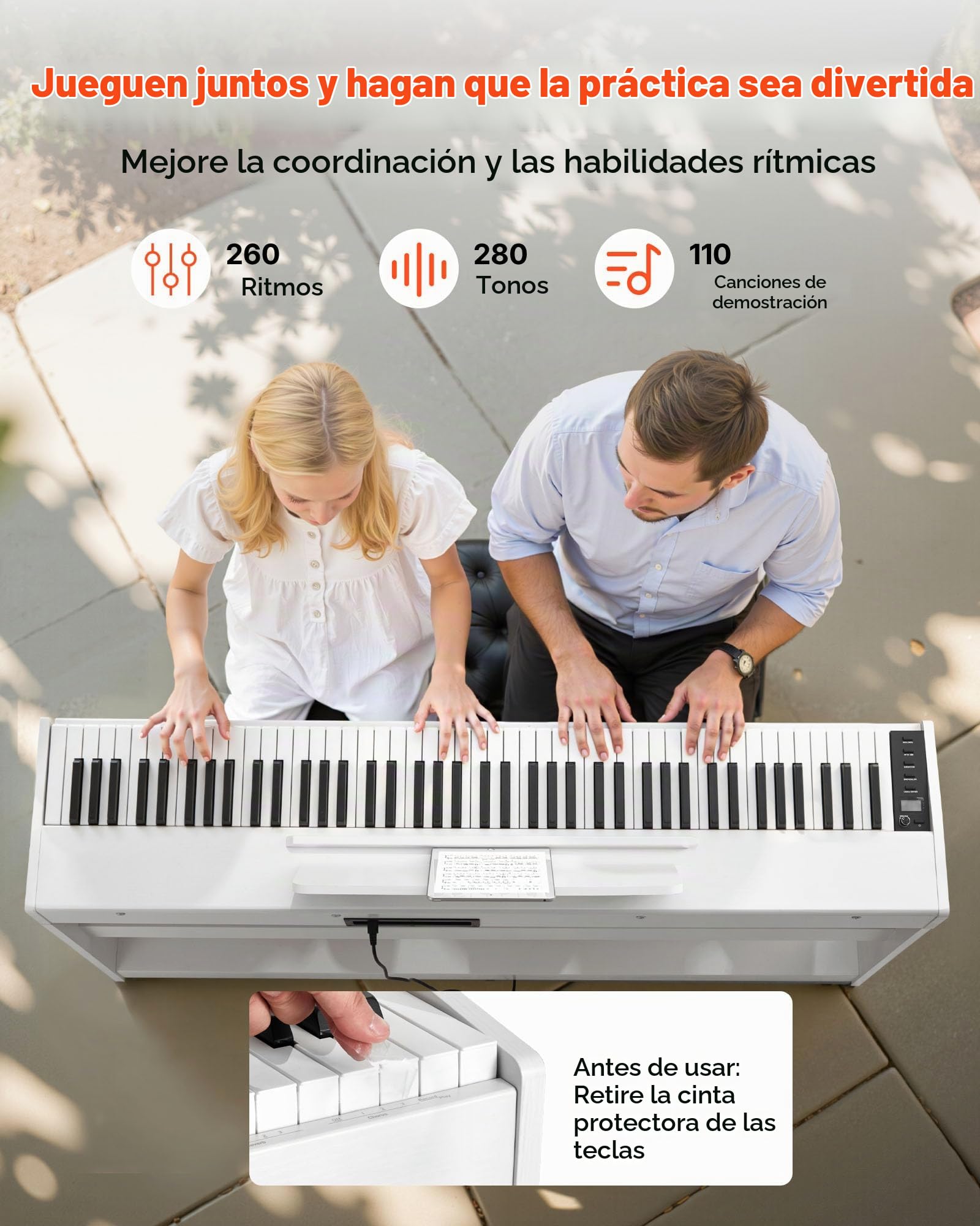 VEVOR Piano Digital 88 Teclas, Modo de Teclado Dual, Altavoces, con Atril, Soporte, Pedal de Sostenido, Adaptador CC, 280 Tonos, Conexión Inalámbrica, Principiantes, Blanco, 1310 x 300 x 850 mm