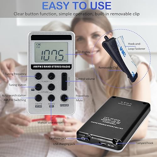 Miniatura 5 de Radio AM FM portátil con pantalla LCD de sintonización digital, radio de bolsillo recargable SWDSTP con auriculares estéreo y clip de cinturón