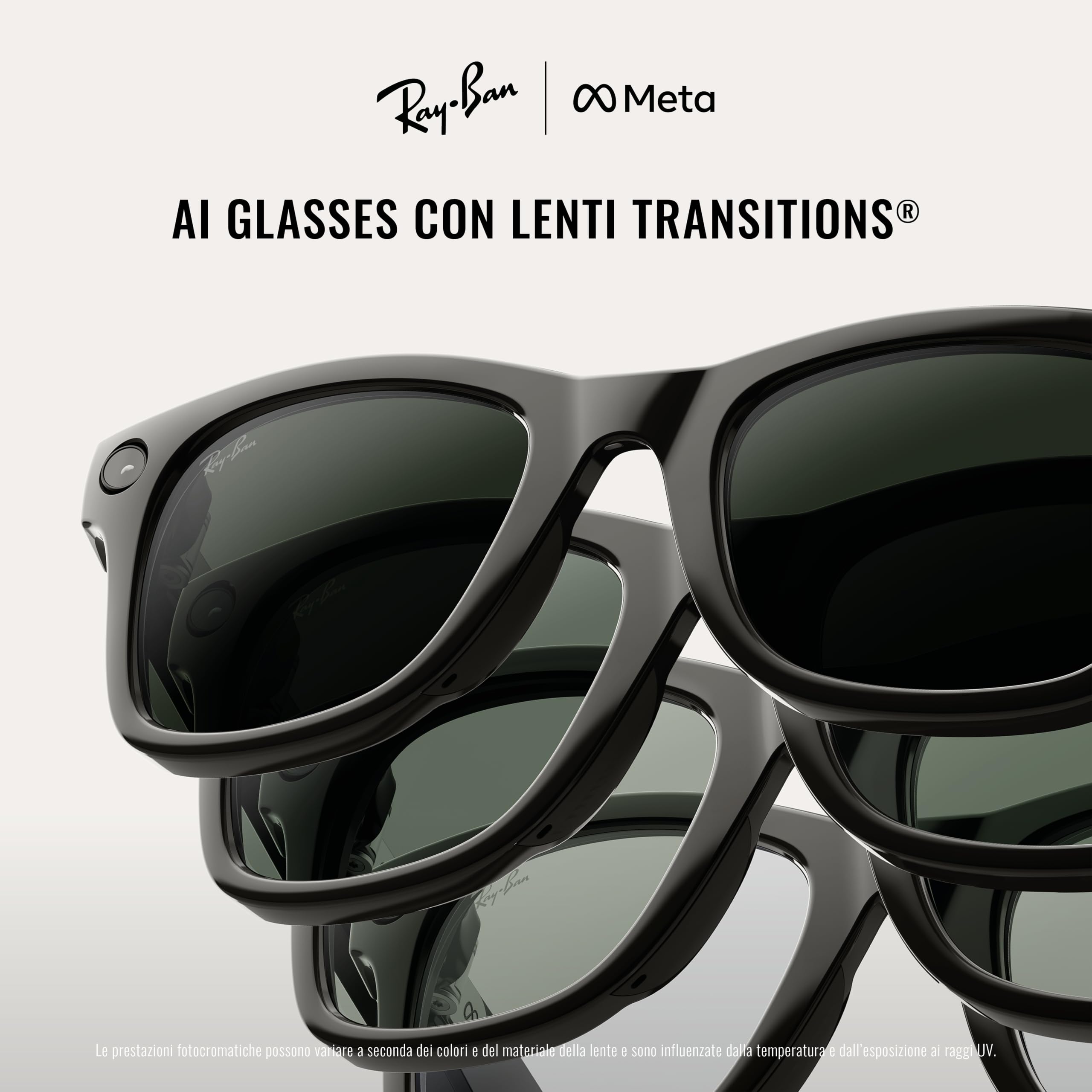 Ray-Ban Meta (Gen 2) Wayfarer Occhiali AI per Uomo, Donna — Fotocamera 12 MP, Video 3K Ultra HD, Open-Ear Audio, Meta AI — 2X Durata della Batteria — Montatura Nera Opaca, Lente Transitions Grey