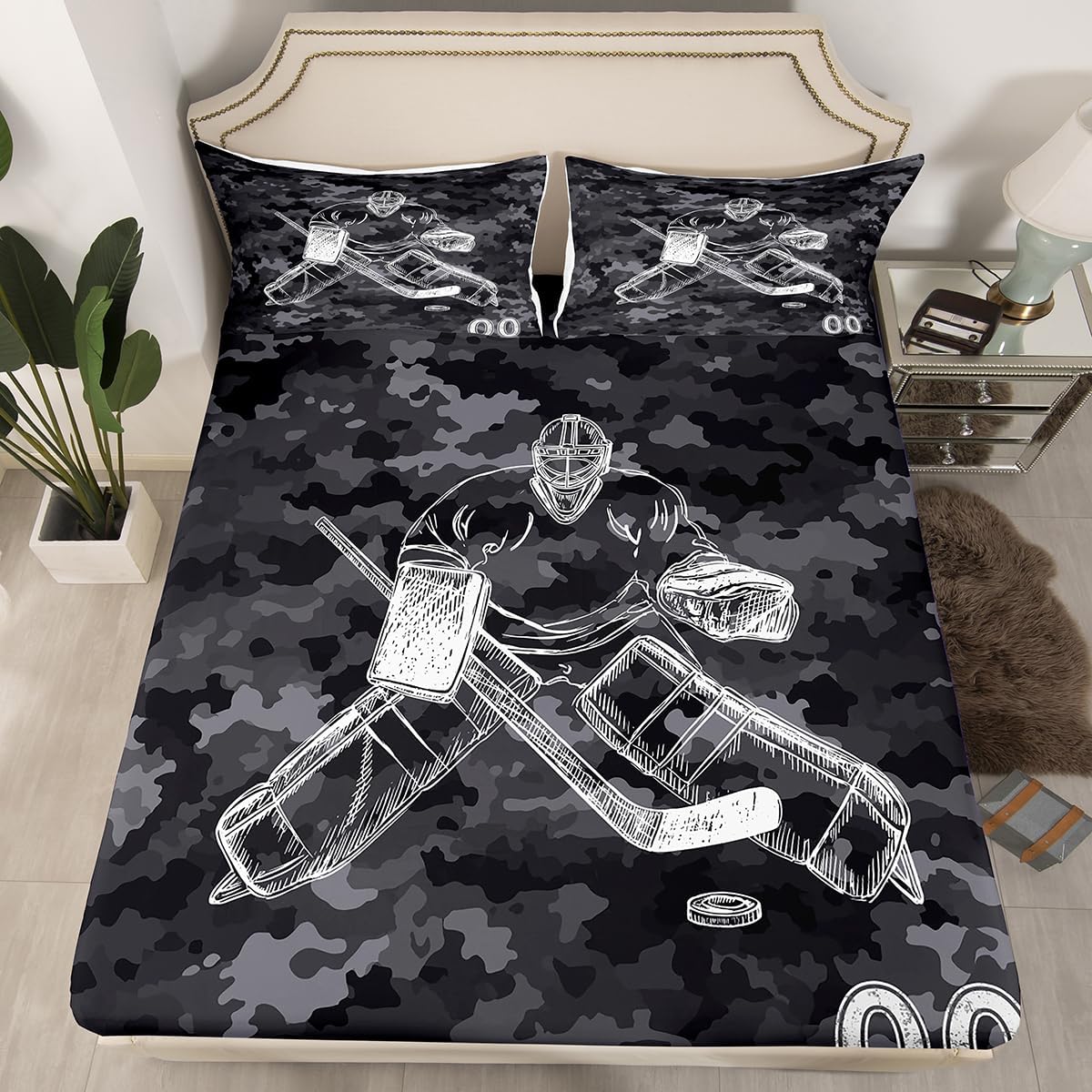 Erosebridal Sports Theme Bedding Set Queen Hockey Fitted Sheet Sport Sheets for Girls Ball Gamer Gaming Bed Sheets for Boys Camouflage Camo Bedding Sets & Collections for Kids Teens