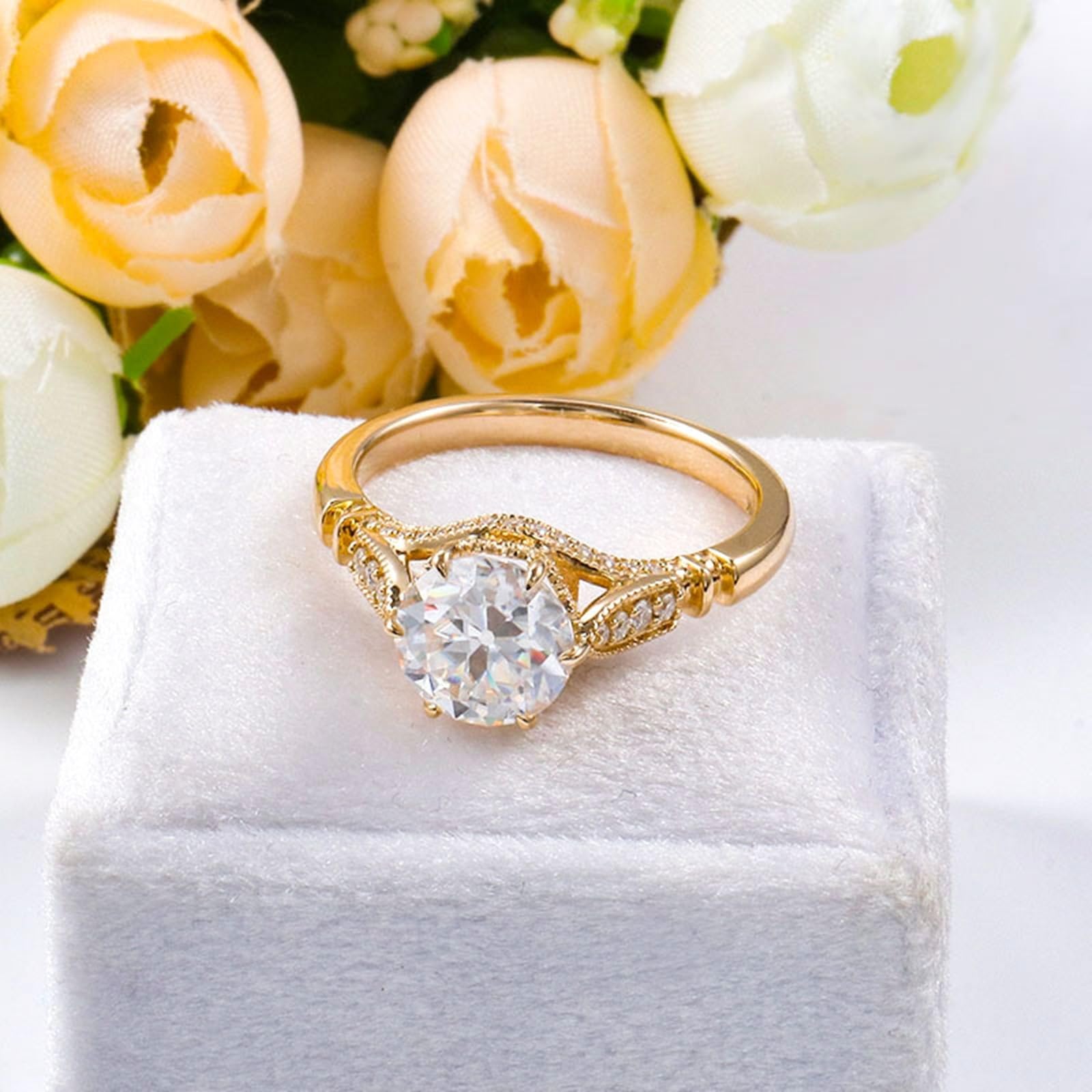 Moissanite D Color VVS1 pierścionek damski, żółte złoto, pierścionek zaręczynowy, prawdziwe złoto, 375/585/750, soliter, elegancki, pierścionek ślubny, 9K/14K/18K złoty z grawerunkiem dla kobiet