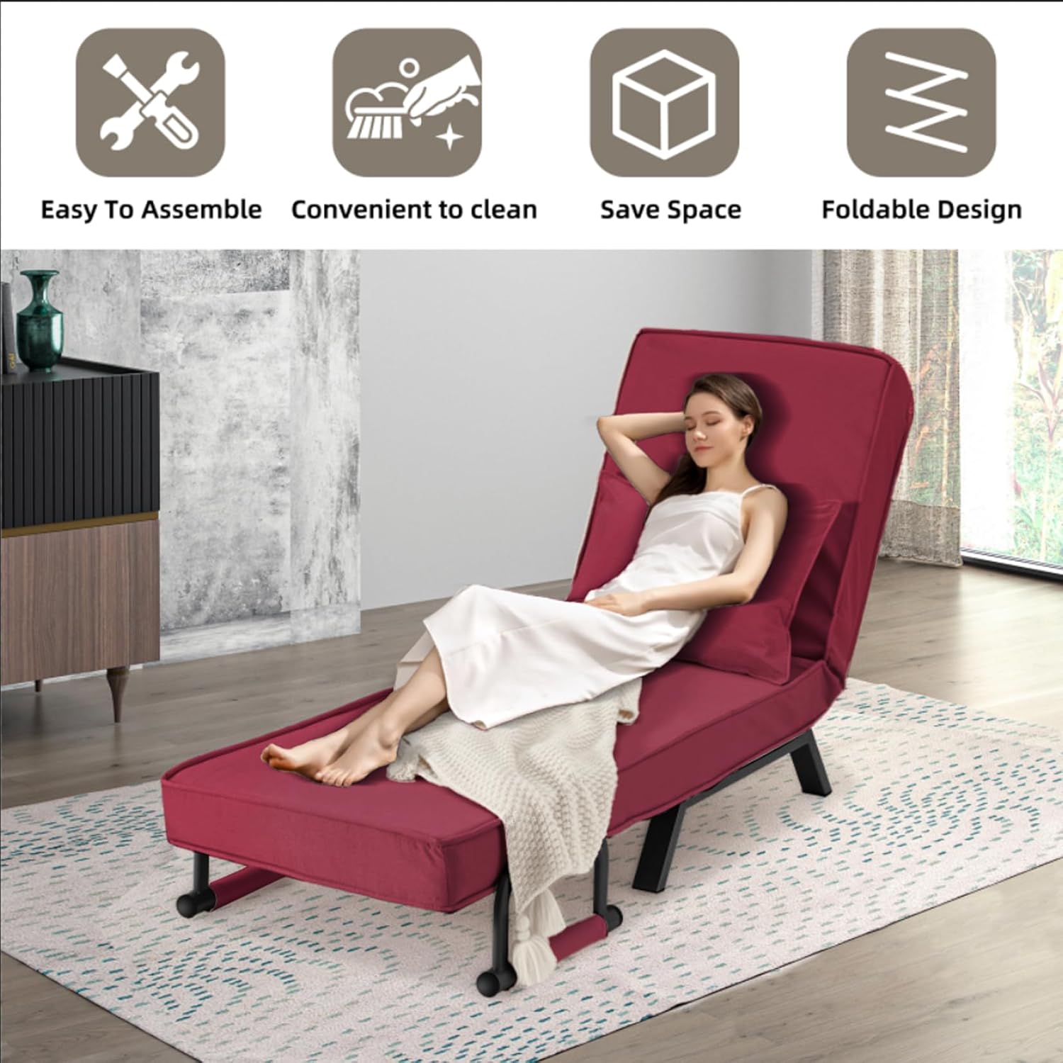 Convertible Sofa Bed Sleeper Chair,Single Person Chaise Lounge Couch with Pillow,Upholstered Lazy Bed with 6 Angles Adjustable Backrest,Folding Sofa Arm Chair for Apartment/Office/Home (Red)