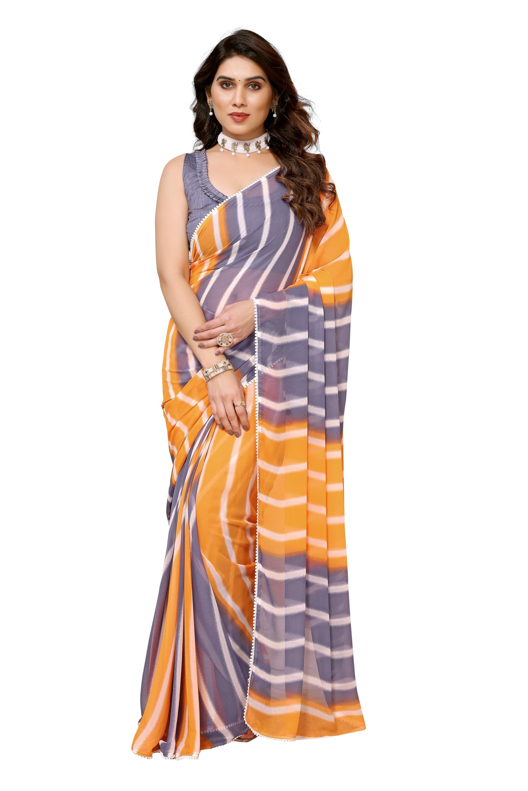 Women's Party Wear Georgette Printed Border Ready To Wear Saree With Unstiched Blouse Piece