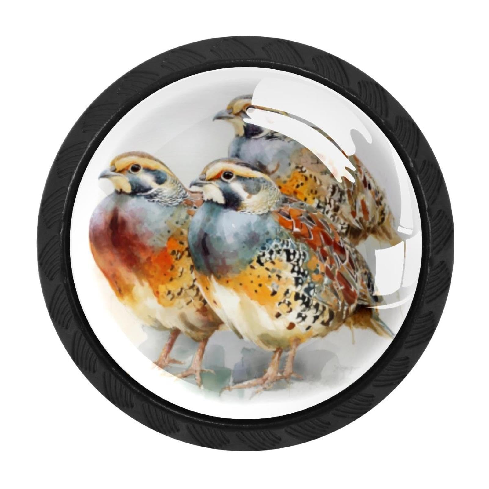 CHENZZZZ 4pcs Round Cabinet Knobs for Home Wardrobe Office Kitchen Dresser and Cupboard Cute Watercolor Common Quails (3) DIY Glass Drawer Pull Handle with Screws