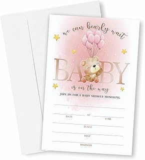 Bear ballons Baby Shower Invitation , Pink Baby Shower Invites Decorations , Gender Reveal Party and Events Supplies, 25 Fill-in Invites Cards with Matching Envelopesï¼ˆYQK-002ï¼‰