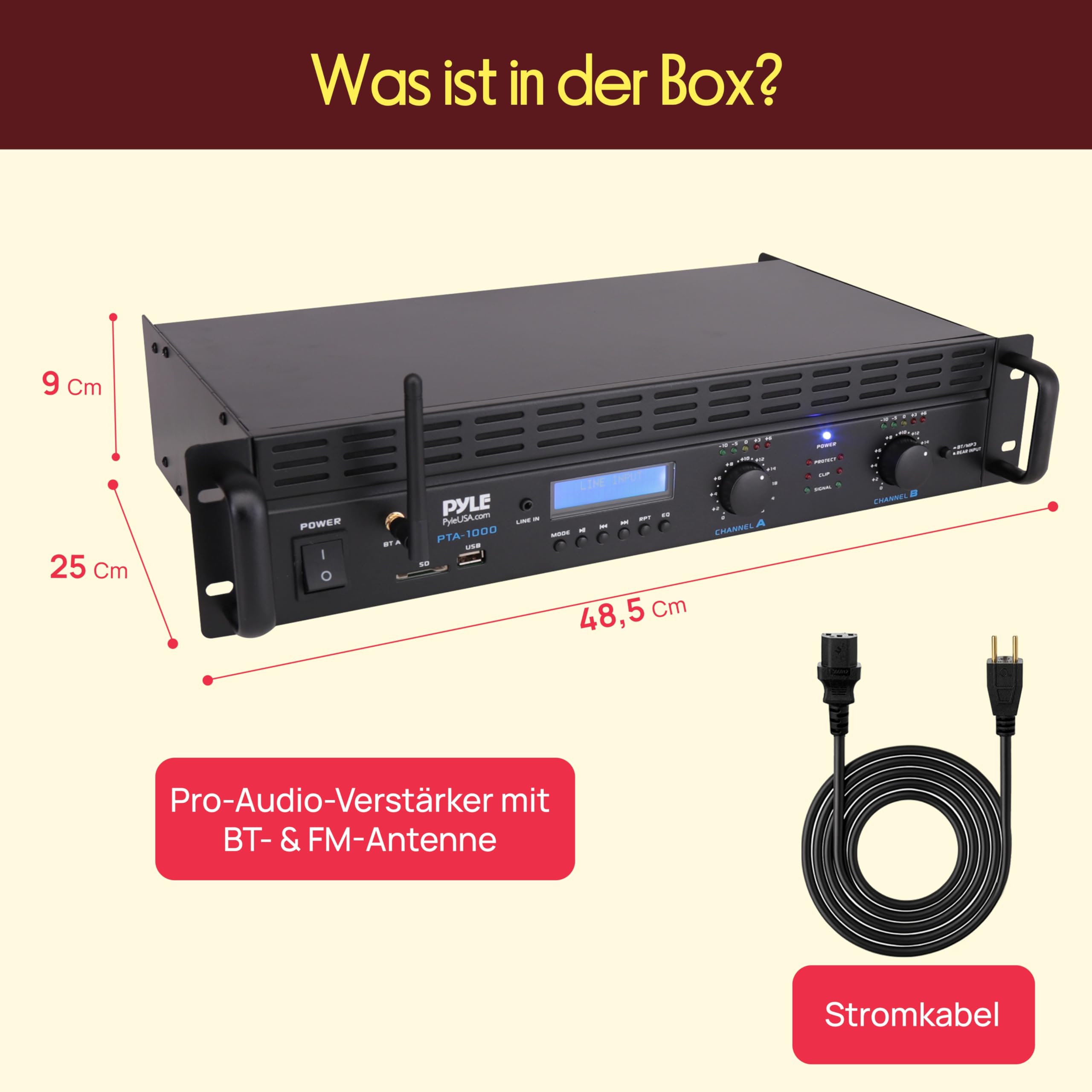 Pyle Verstärker 2 Kanal mit Bluetooth, 2000W, Rackmount Pa Endstufe, XLR, RCA, TRS, USB, Brückenmodus, Lüfter für Hobby-DJs, Veranstalltungen