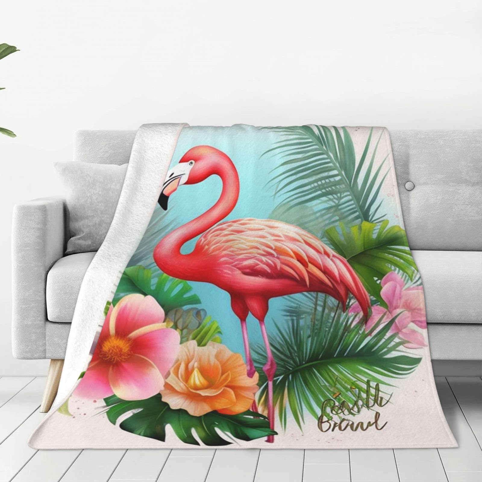 Plaid flanelle leger pour lit et canape motif flamant rose